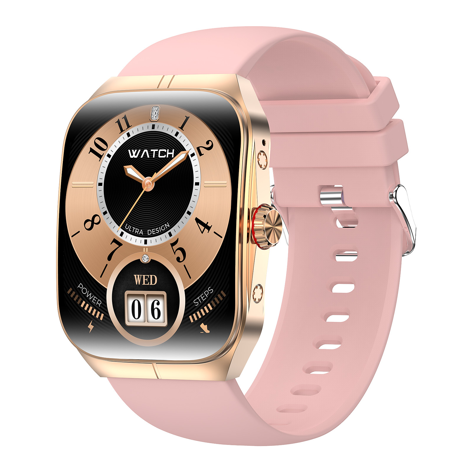 Eine rosafarbene Smartwatch mit goldenem Gehäuse und schwarzem Zifferblatt.