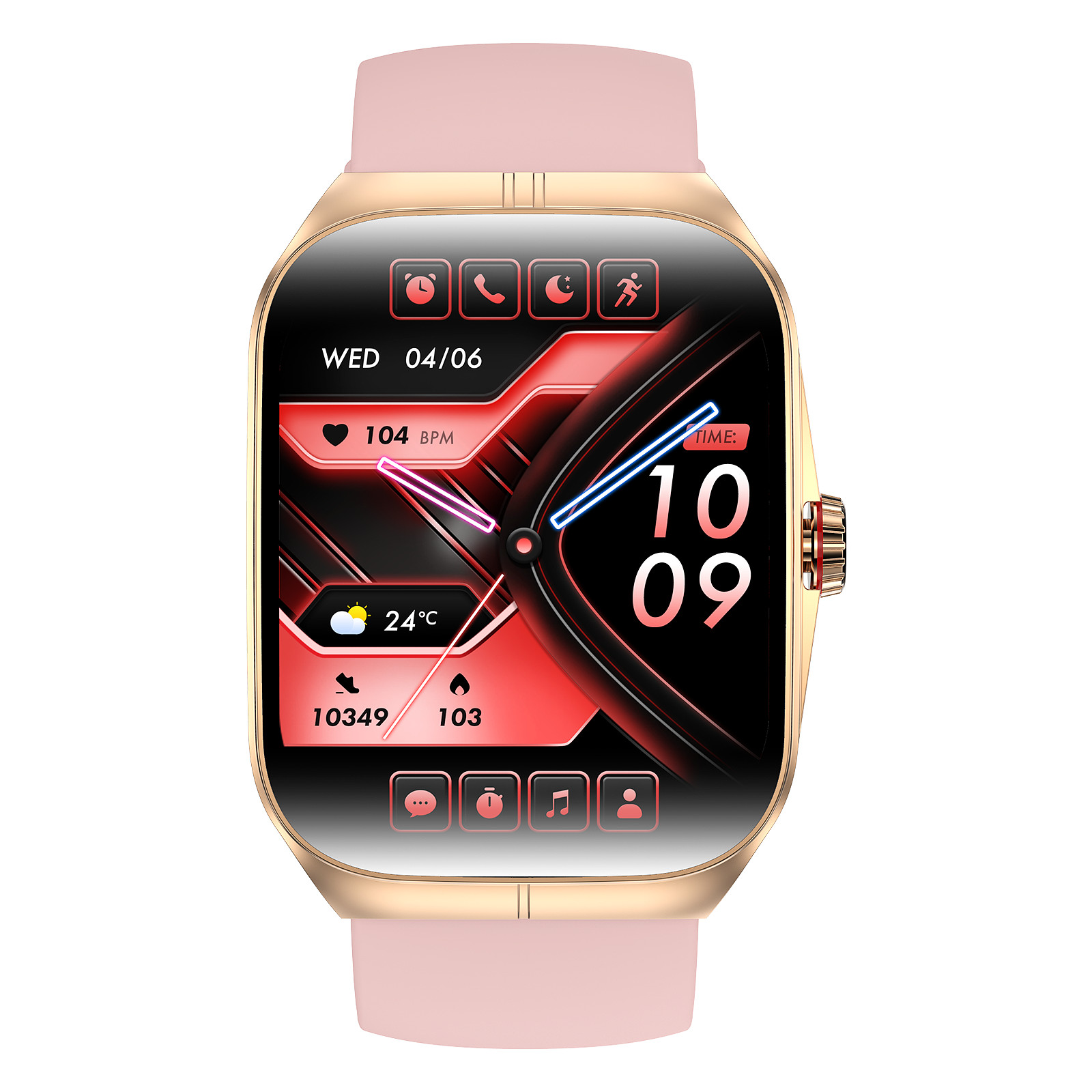 Goldene Smartwatch mit pinkem Armband. Zeigt Uhrzeit 10:09, Puls 104, Temp 24°C, Schritte 10349.