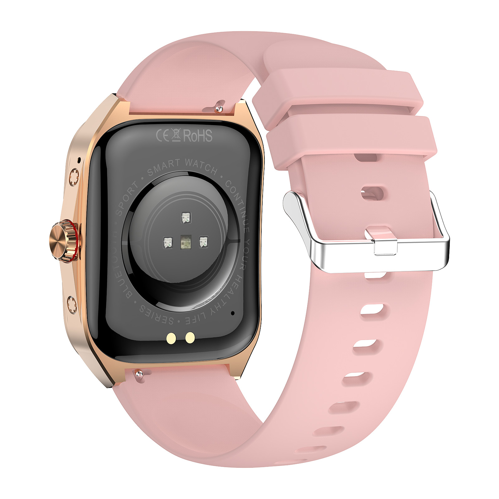 Rückseite einer rosa Smartwatch mit goldenem Gehäuse und Herzfrequenzsensor.