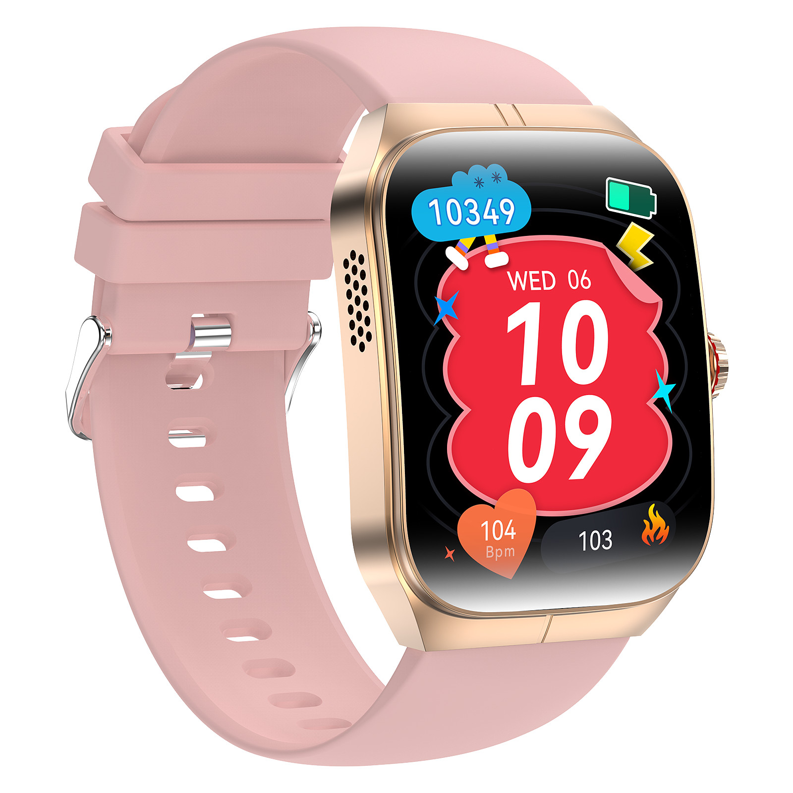 Eine rosafarbene Smartwatch mit goldfarbenem Gehäuse, die 10:09 Uhr und 104 bpm anzeigt.