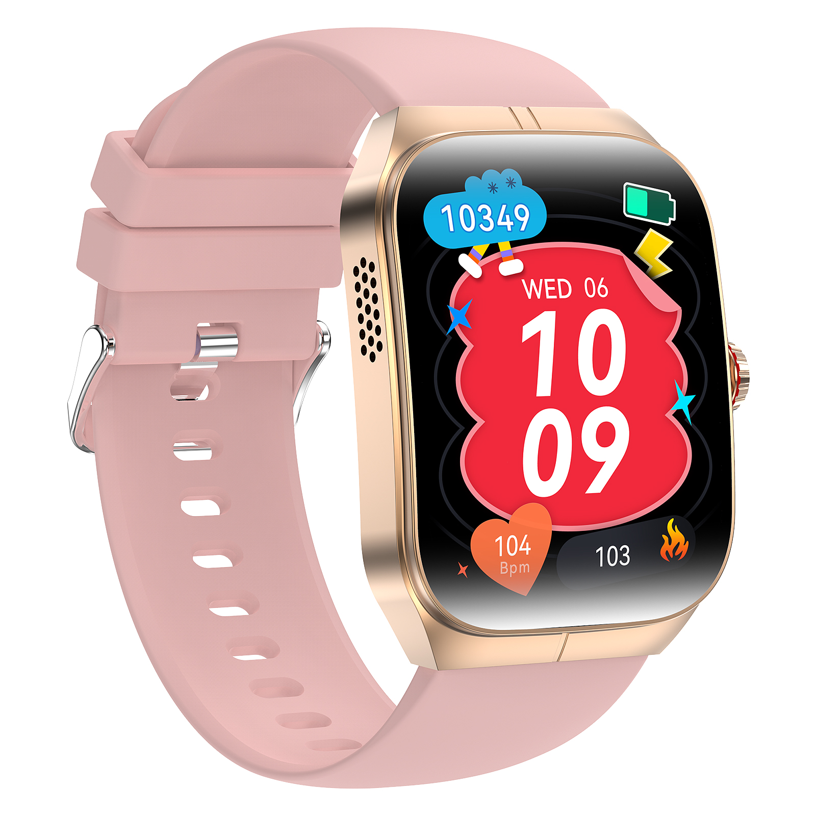 Eine rosa Smartwatch mit goldenem Gehäuse und buntem Display, das Uhrzeit und Herzfrequenz anzeigt.