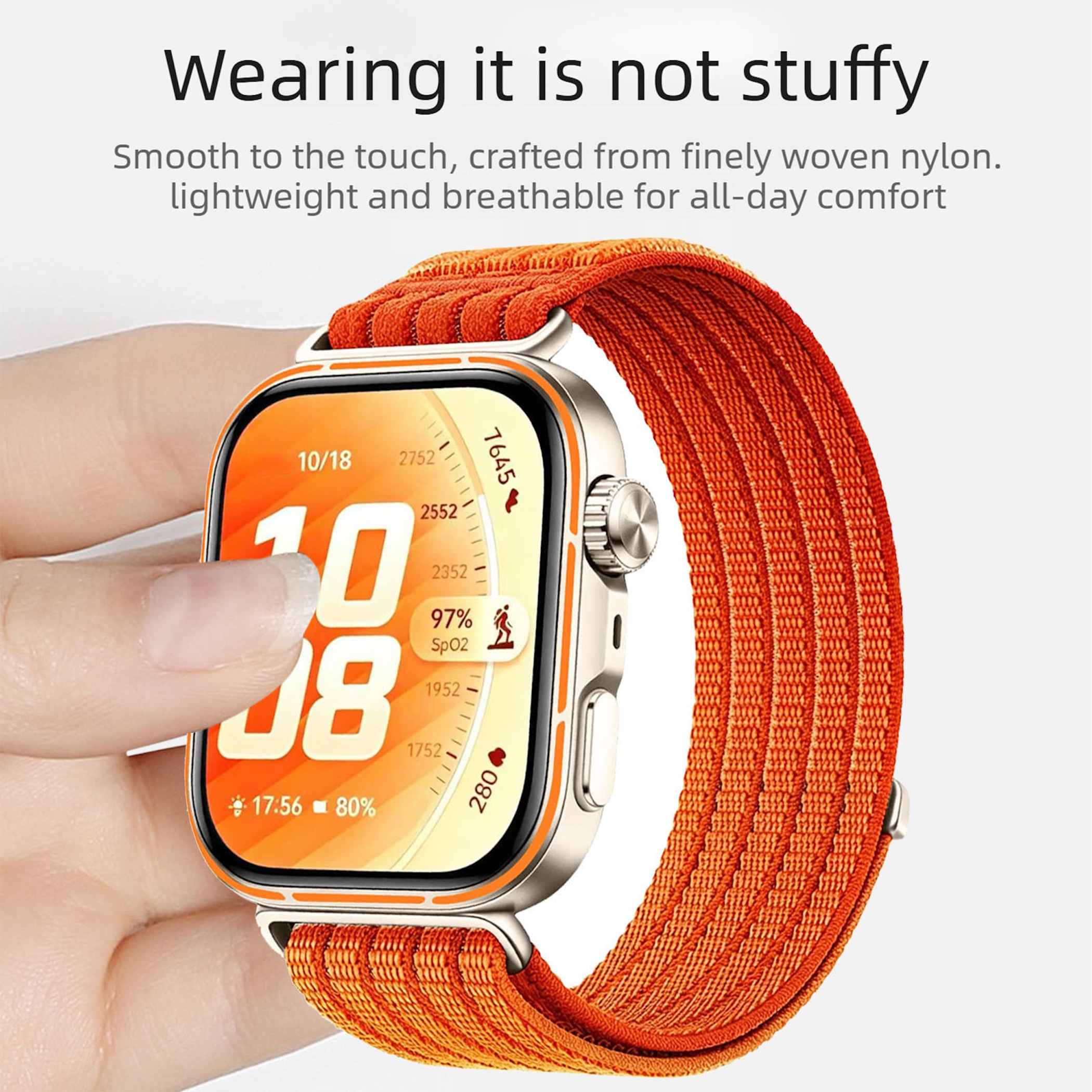 Eine Person berührt ein silbernes Smartwatch mit orangem Band. Zeigt Uhrzeit, Datum, SpO2 an.