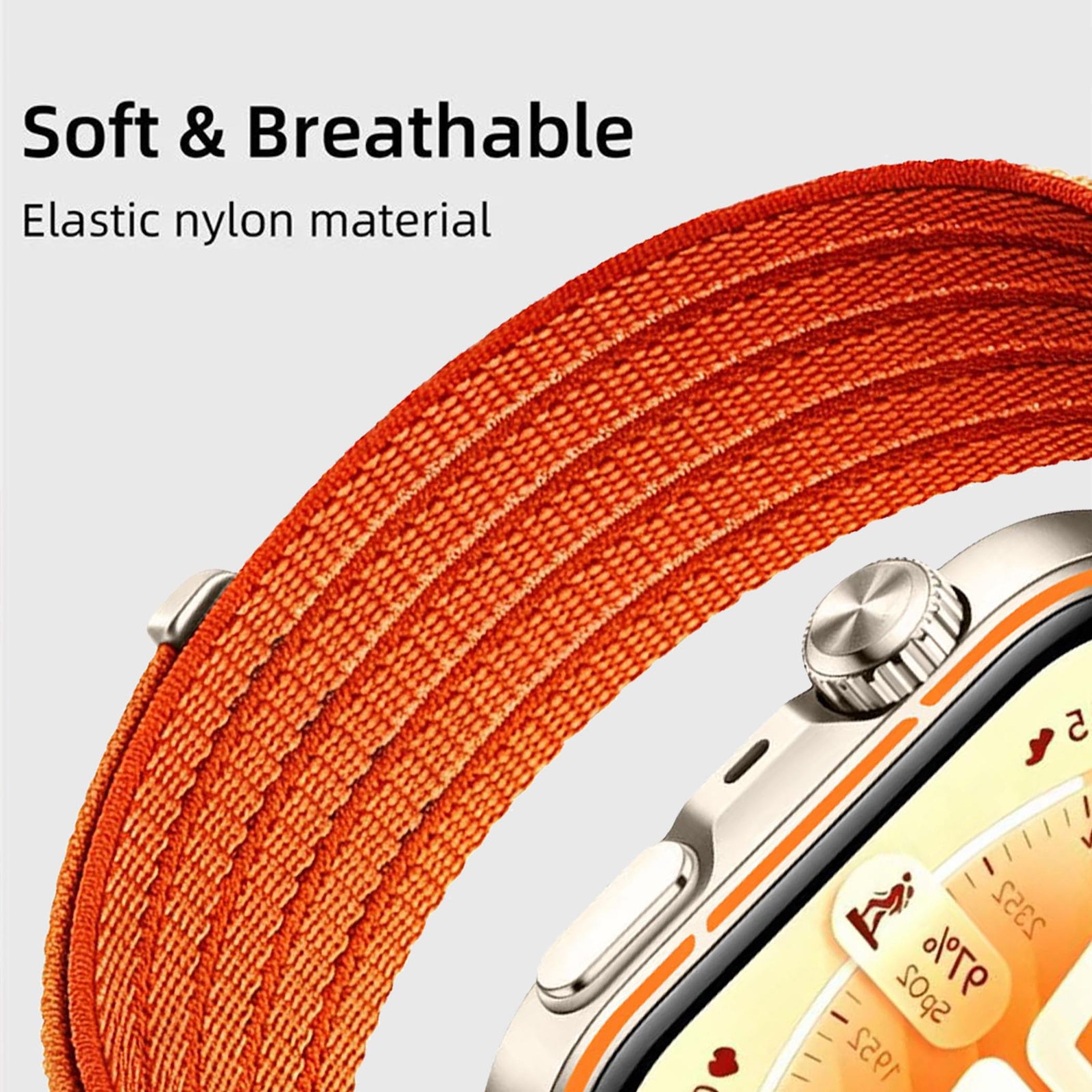 Orange Nylon-Uhrenarmband mit silberner Krone und Zifferblatt.
