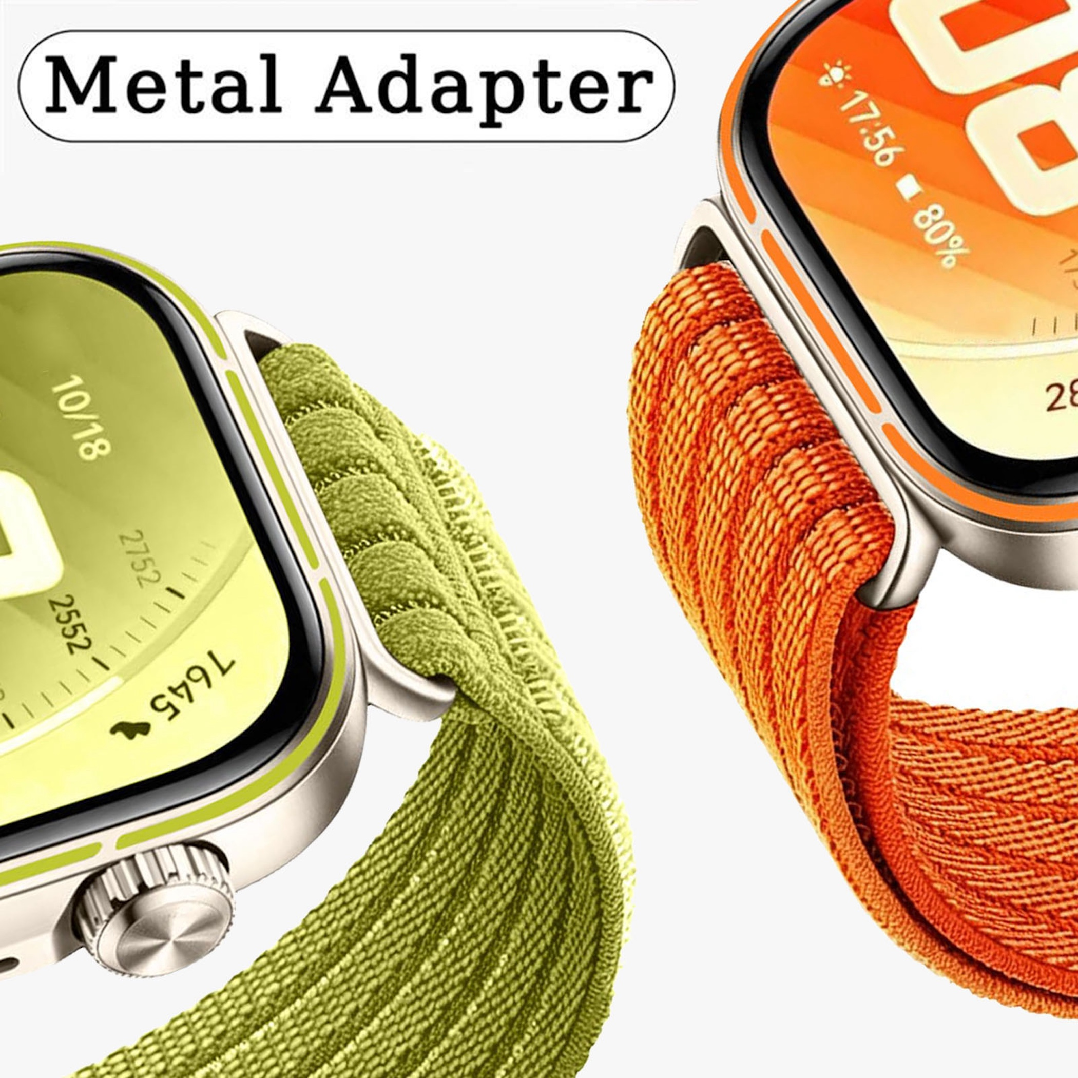 Zwei Smartwatches mit Stoffarmbändern in Hellgrün und Orange.