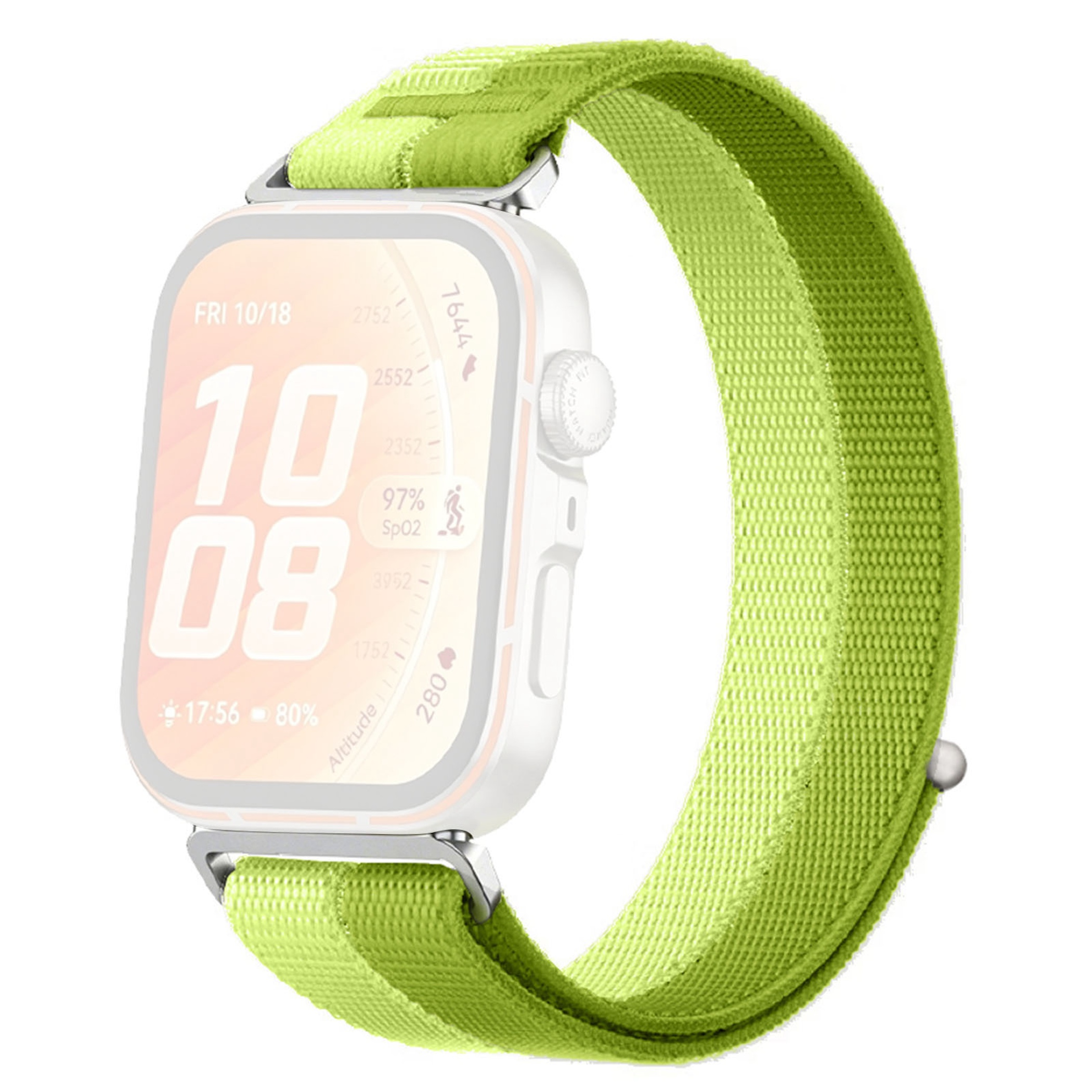 Ein hellgrünes Armband für eine Smartwatch, auf weißem Hintergrund.