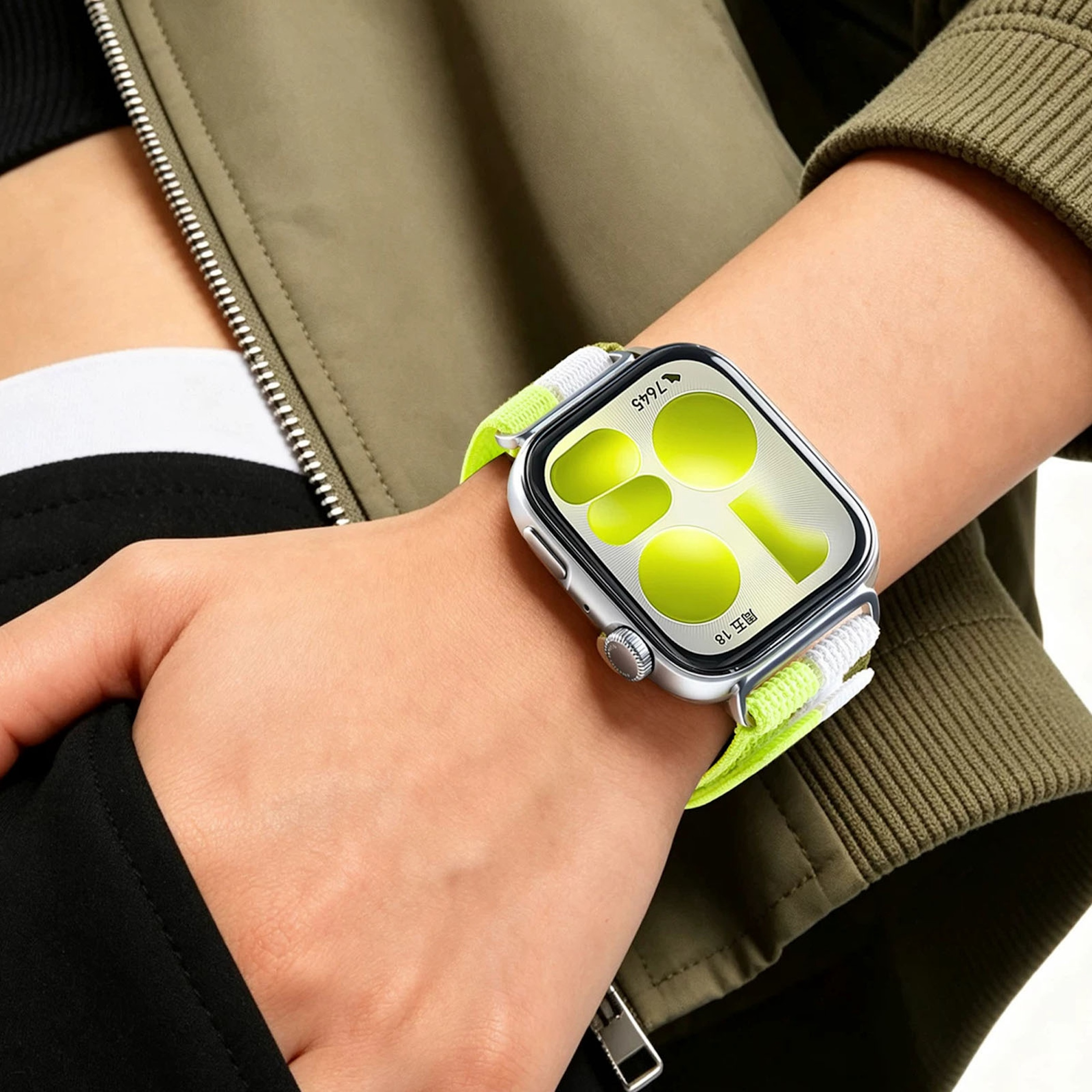 Eine Person trägt eine grüne Jacke und eine Smartwatch mit leuchtend gelbem Armband.