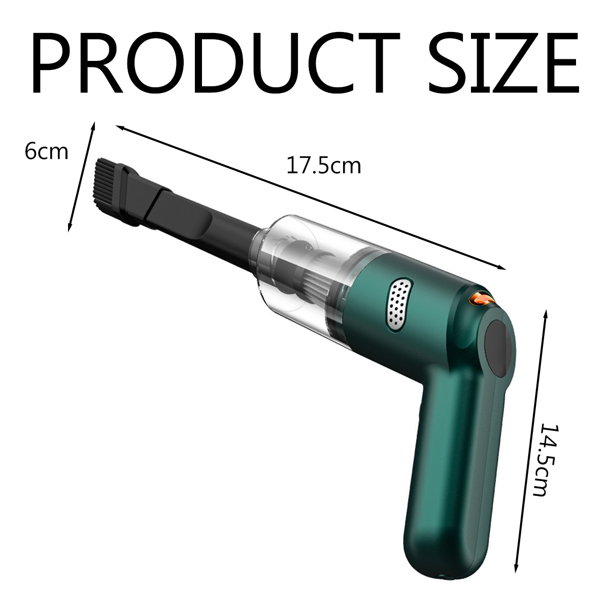 Ein grüner Handstaubsauger mit Bürstenaufsatz. Maße: 6cm, 17,5cm, 14,5cm.