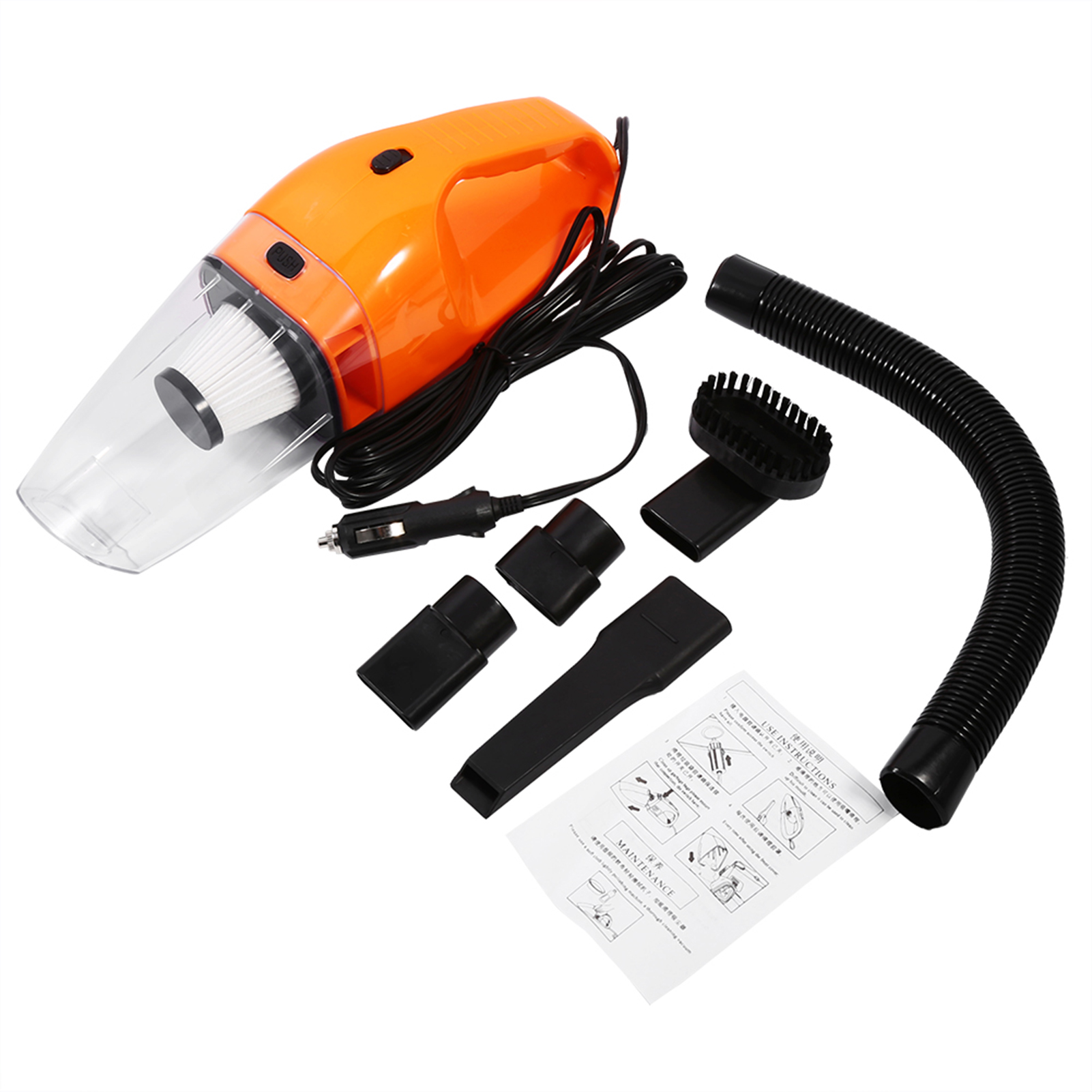 Orangener Handstaubsauger mit Zubehör und Anleitung.
