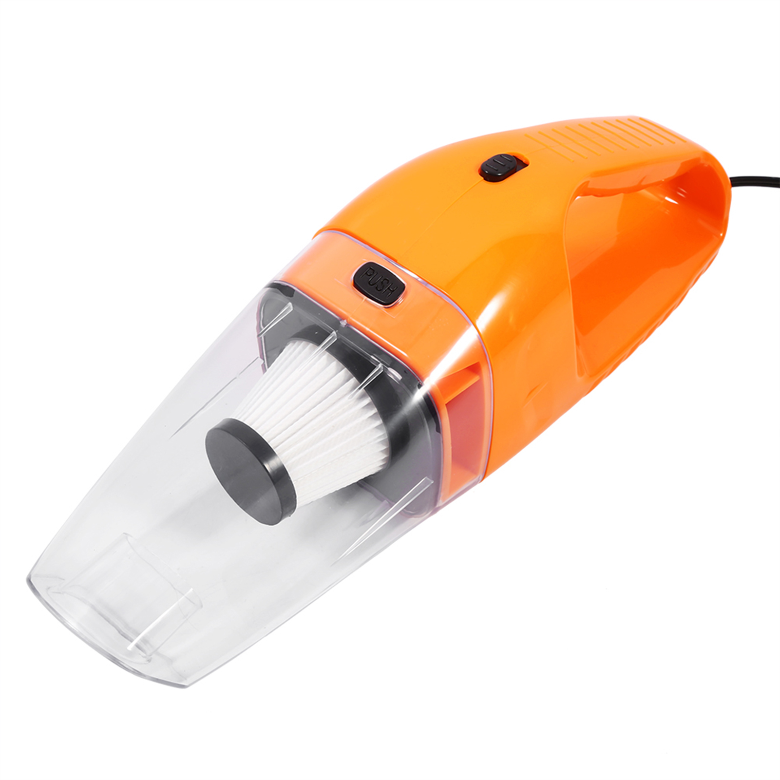 Ein orangefarbener Handstaubsauger mit durchsichtigem Behälter und weißem Filter.