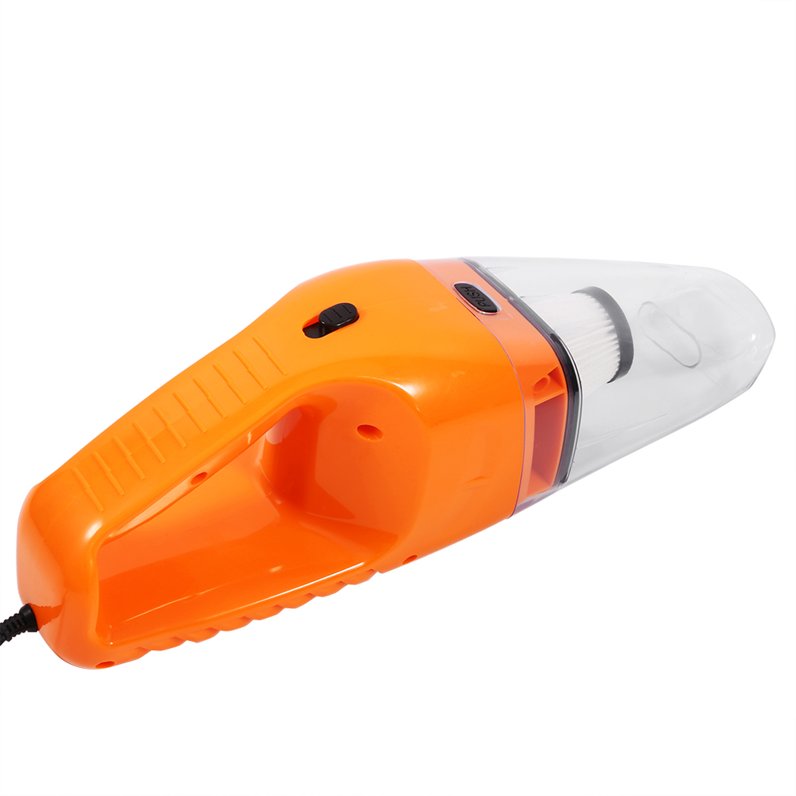 Ein orangefarbener Handstaubsauger mit transparentem Staubbehälter und schwarzem Schalter.