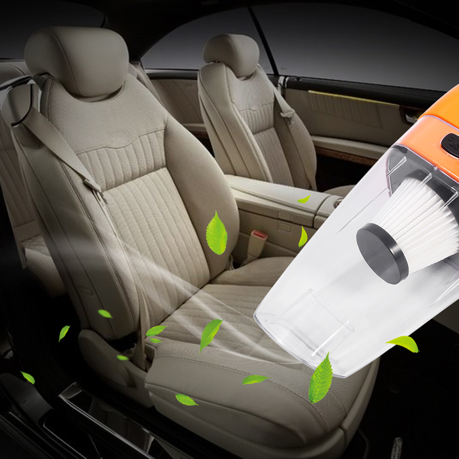 Ein Handstaubsauger reinigt Ledersitze im Auto, grüne Blätter schweben.