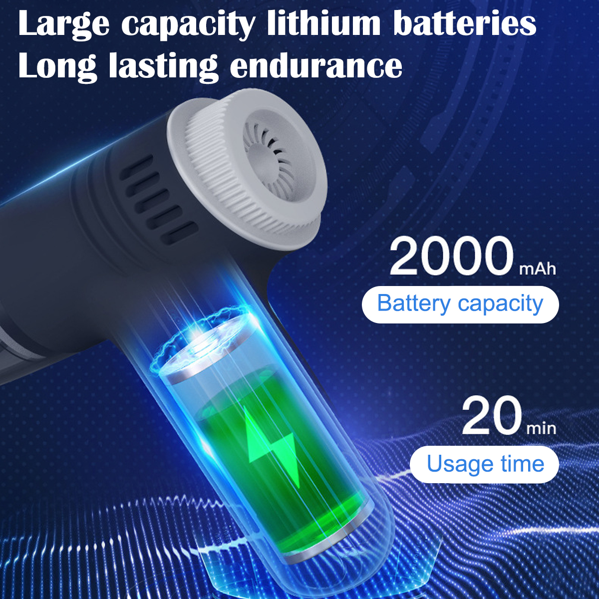 Lithiumbatterie mit großer Kapazität, 2000 mAh, 20 Min. Nutzungsdauer.