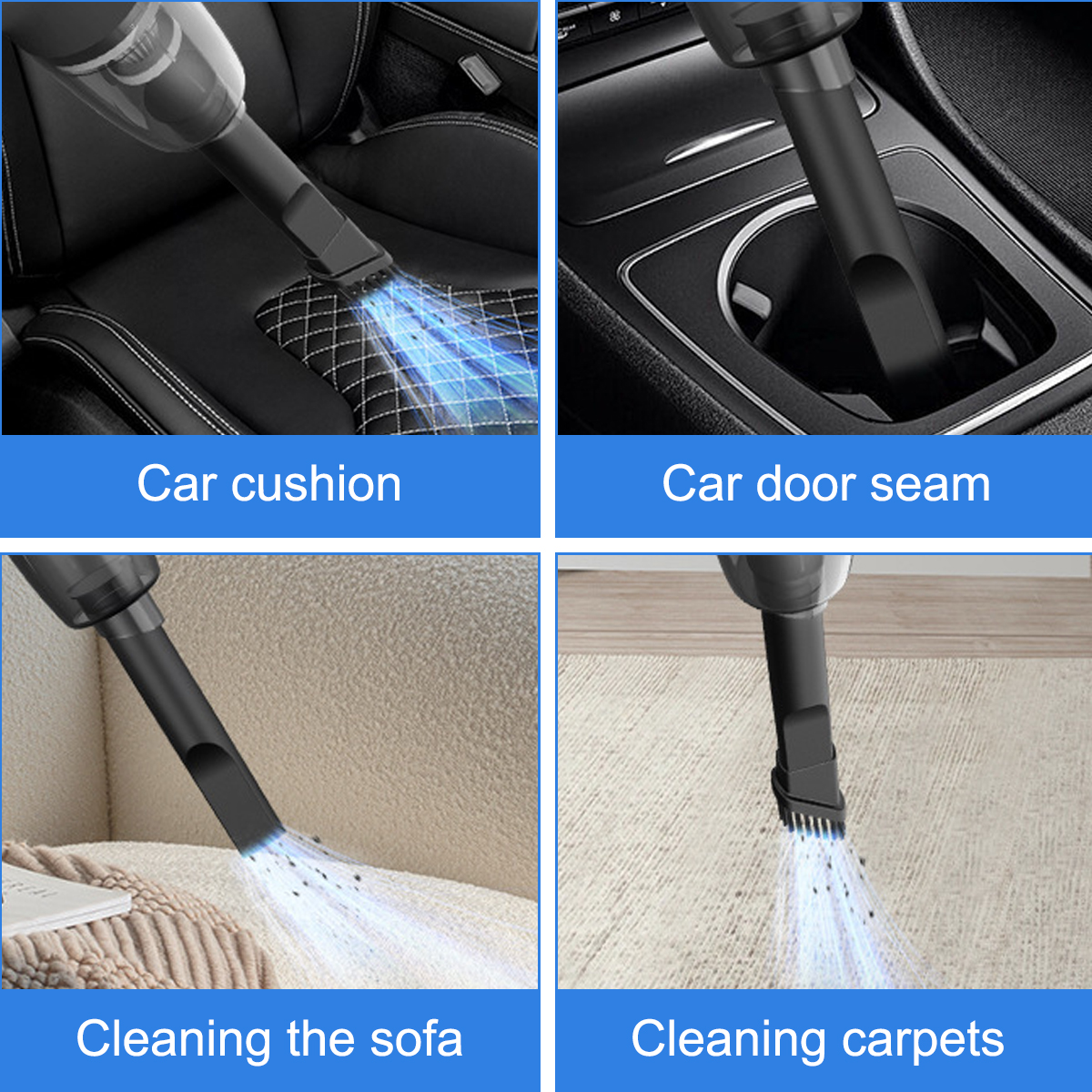 Vier Bilder zeigen einen Handstaubsauger bei der Reinigung von Autositzen, Türspalten, Sofa und Teppich.
