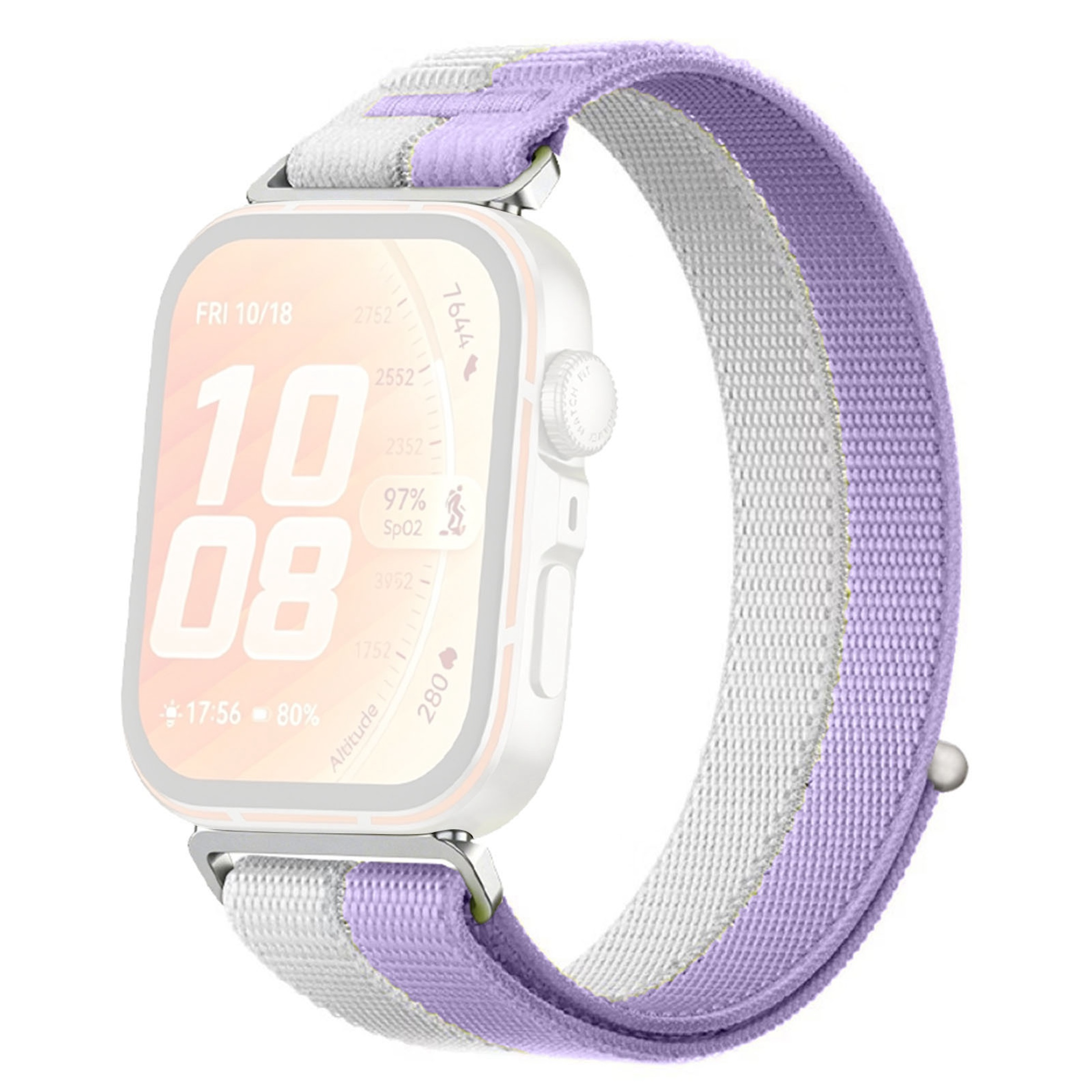 Ein weißes und lavendelfarbenes Armband für eine Smartwatch, das auf einer weißen Fläche liegt.