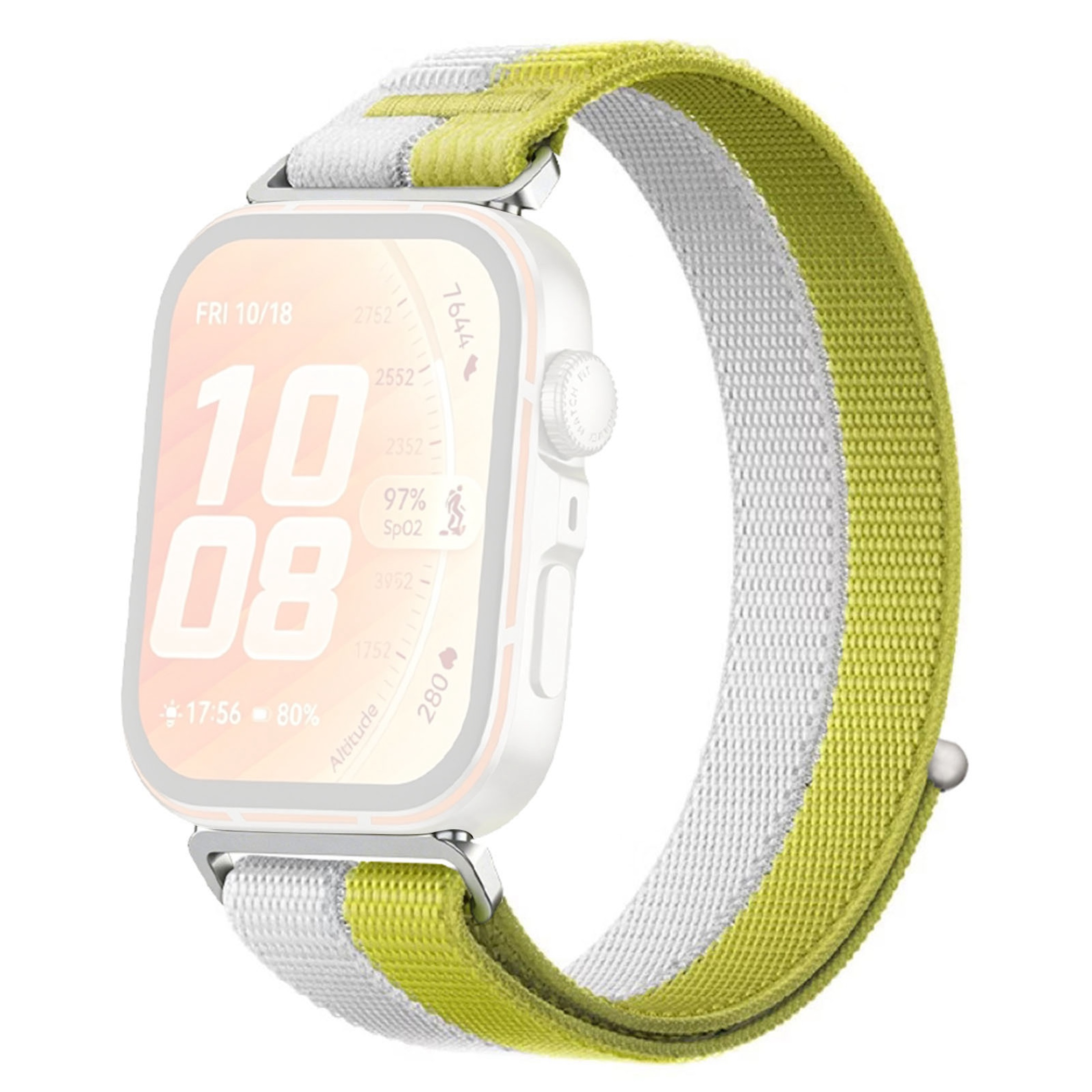 Ein weiß-grünes Armband für eine Smartwatch mit einem Zifferblatt, das 10:08 Uhr anzeigt.