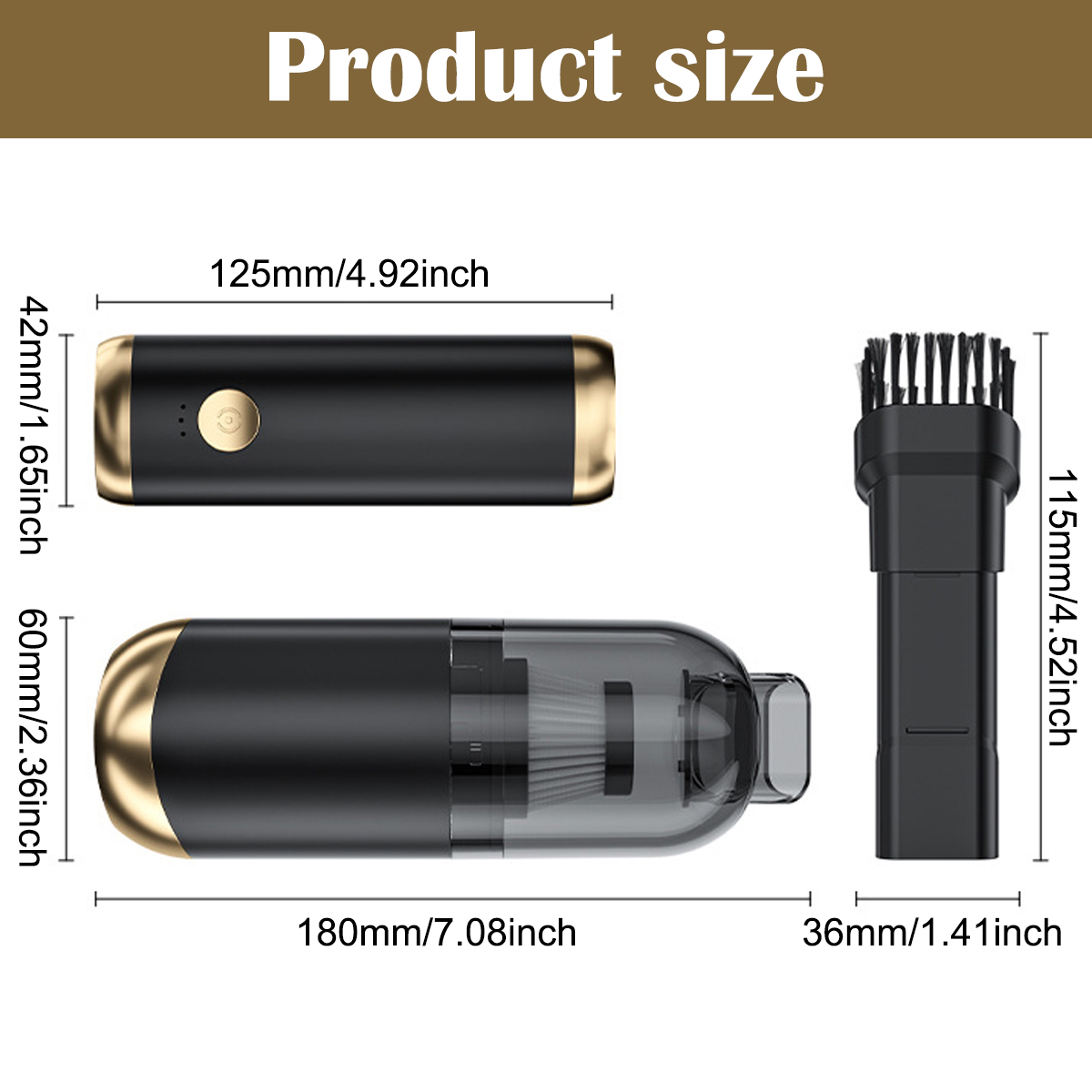 Produktgrößen-Diagramm zeigt einen schwarzen Handstaubsauger mit goldenen Akzenten. Maße angegeben.
