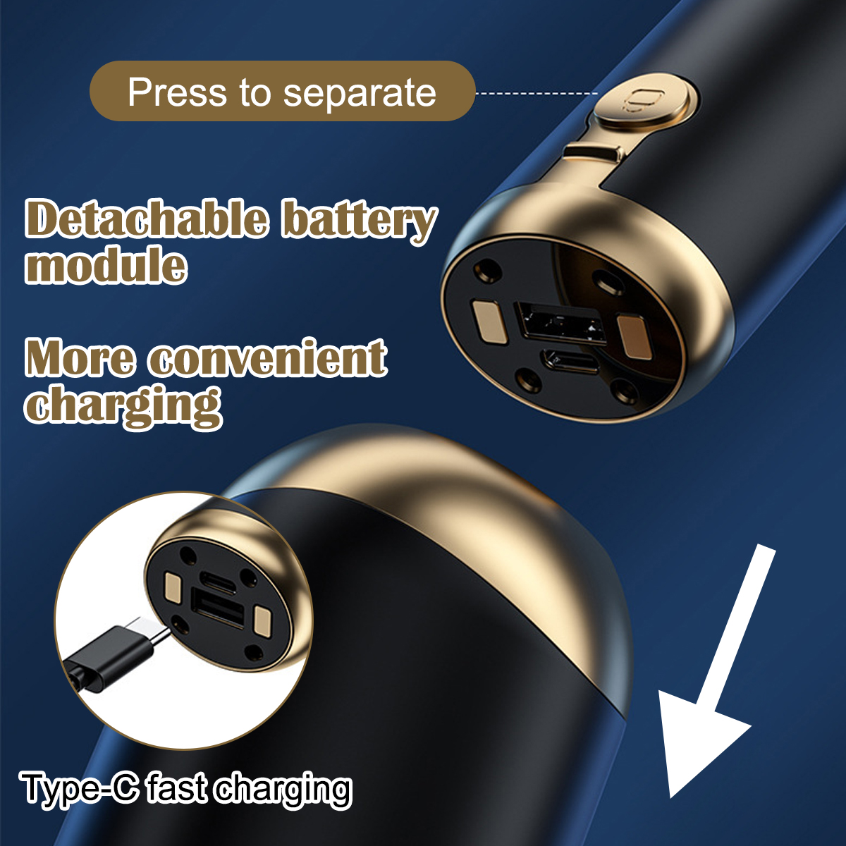 Schwarzes Gerät mit goldenen Akzenten, zeigt USB-C-Anschluss und Ladefunktion.