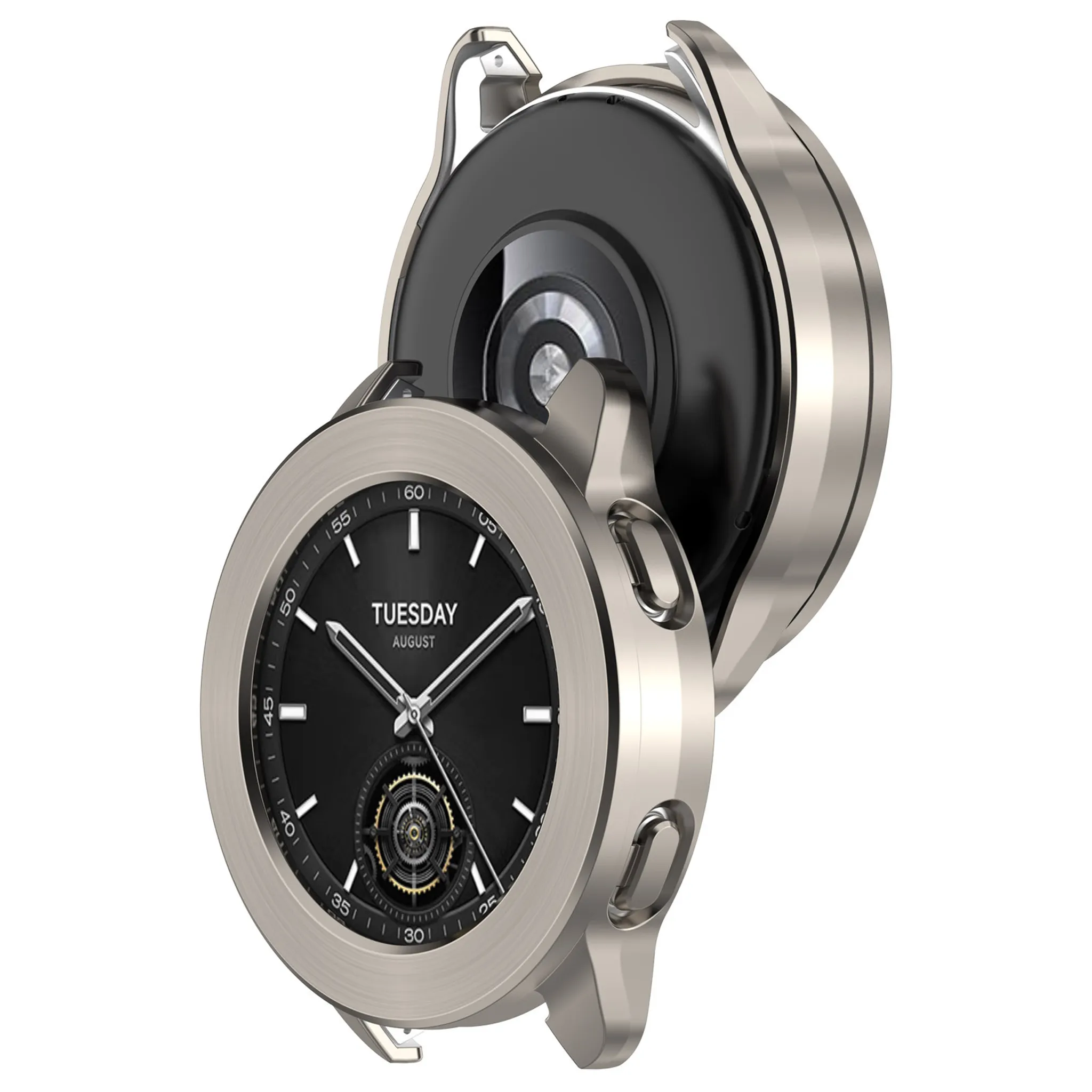 Ein silberner Smartwatch-Gehäuse mit schwarzem Zifferblatt und Datumsanzeige.