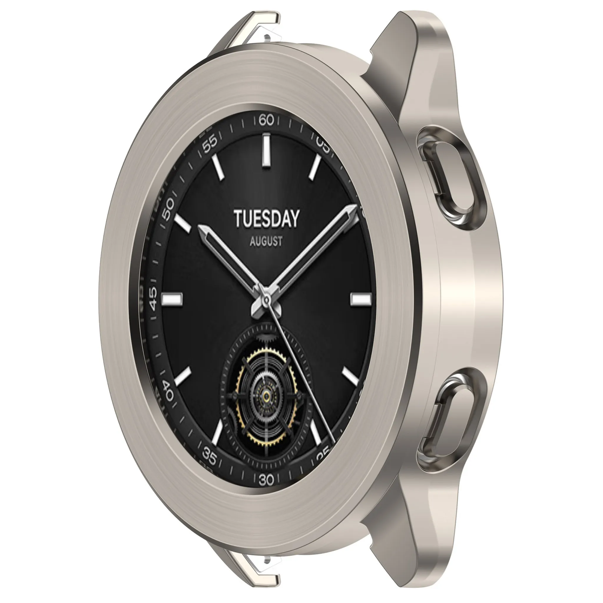 Silberne Smartwatch mit schwarzem Zifferblatt und Datumsanzeige.