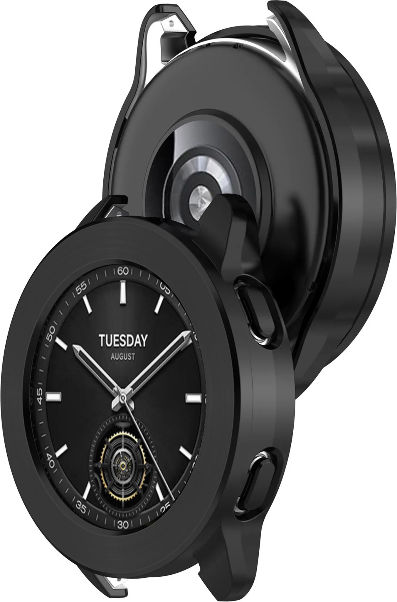 Schwarze Smartwatch mit silbernen Zeigern, Datum und Zahnrad-Detail.