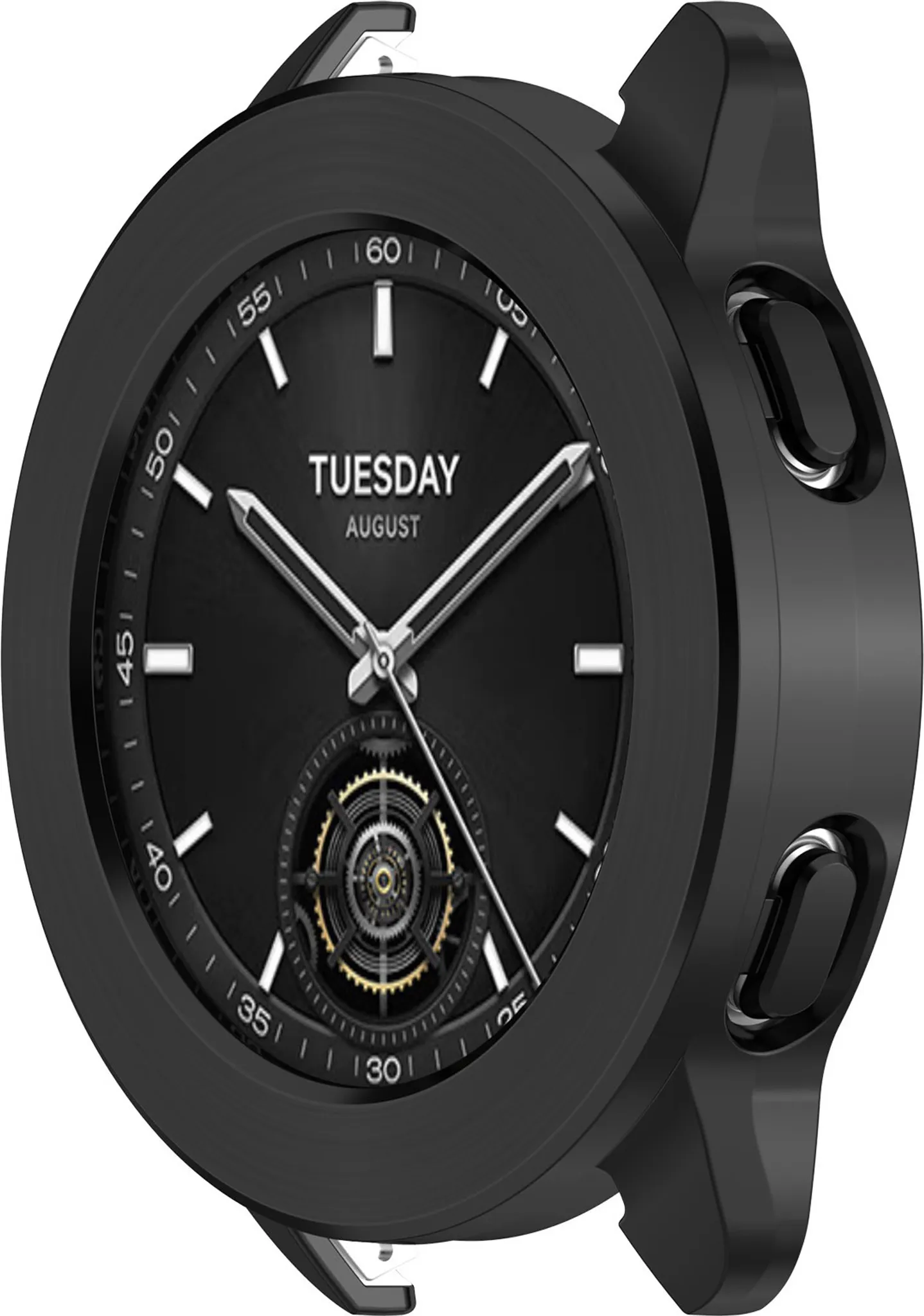 Schwarze Smartwatch mit silbernen Zeigern, die Dienstag, August zeigt, und detailliertem Zahnraddesign.