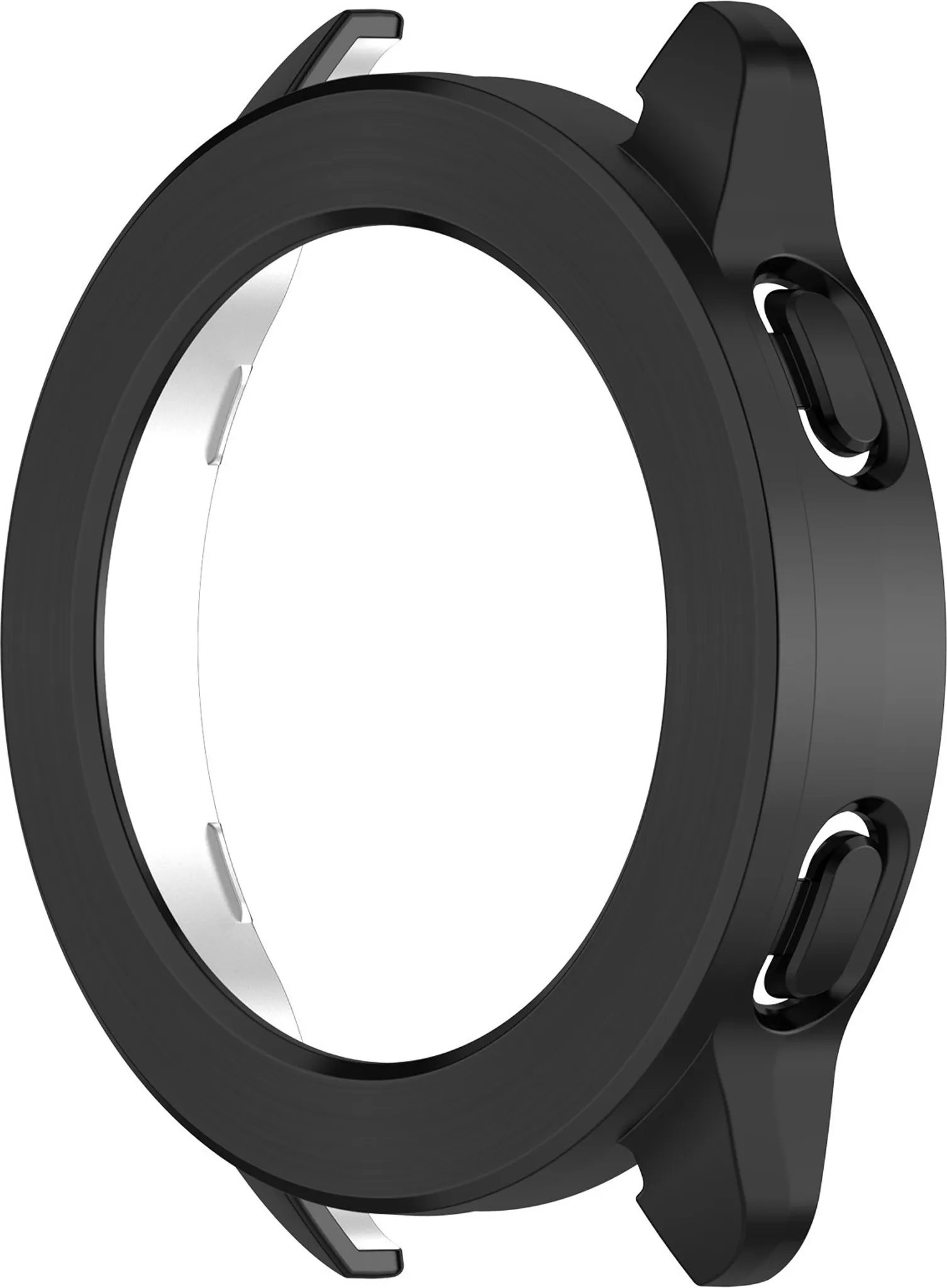 Schwarze Schutzhülle für Smartwatch mit Seitentasten und klarem Innenring.