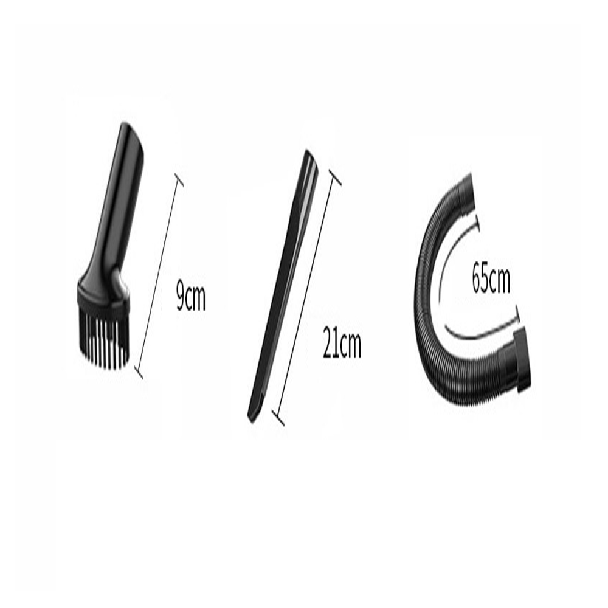 Drei schwarze Staubsaugeraufsätze: Bürste (9cm), flaches Rohr (21cm), Schlauch (65cm).