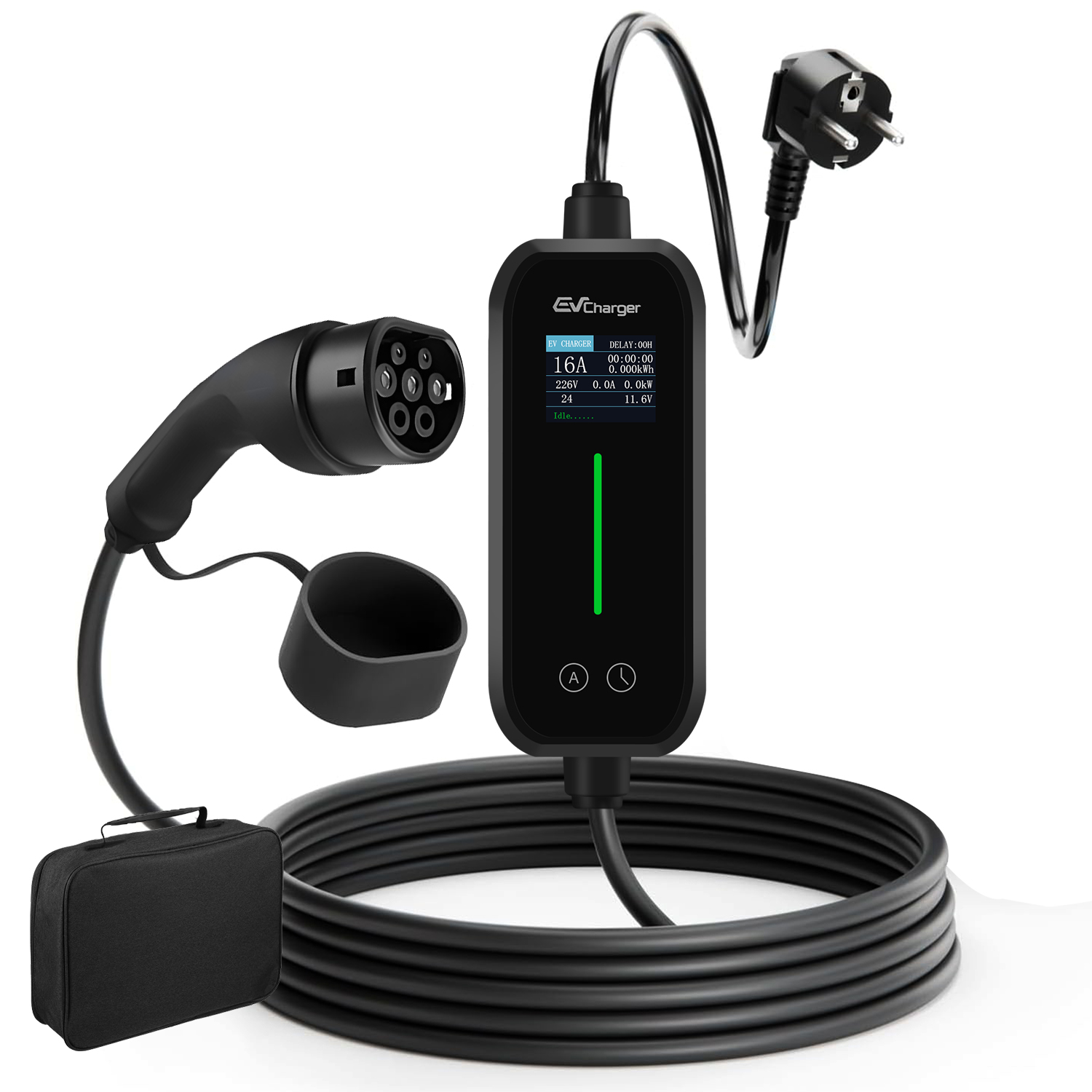Schwarzes EV-Ladegerät mit Kabel, Stecker, Schutzkappe und Tasche.