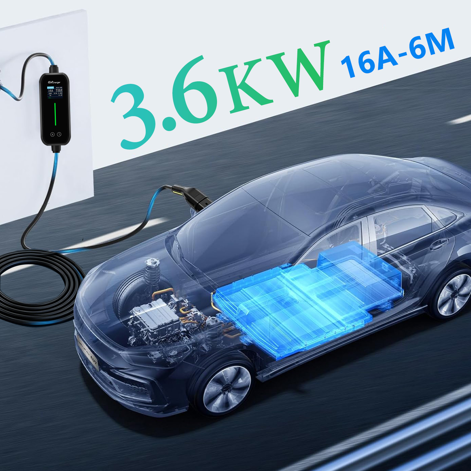 Ein E-Auto mit transparentem Chassis, das lädt. Blaue Batterie sichtbar.
