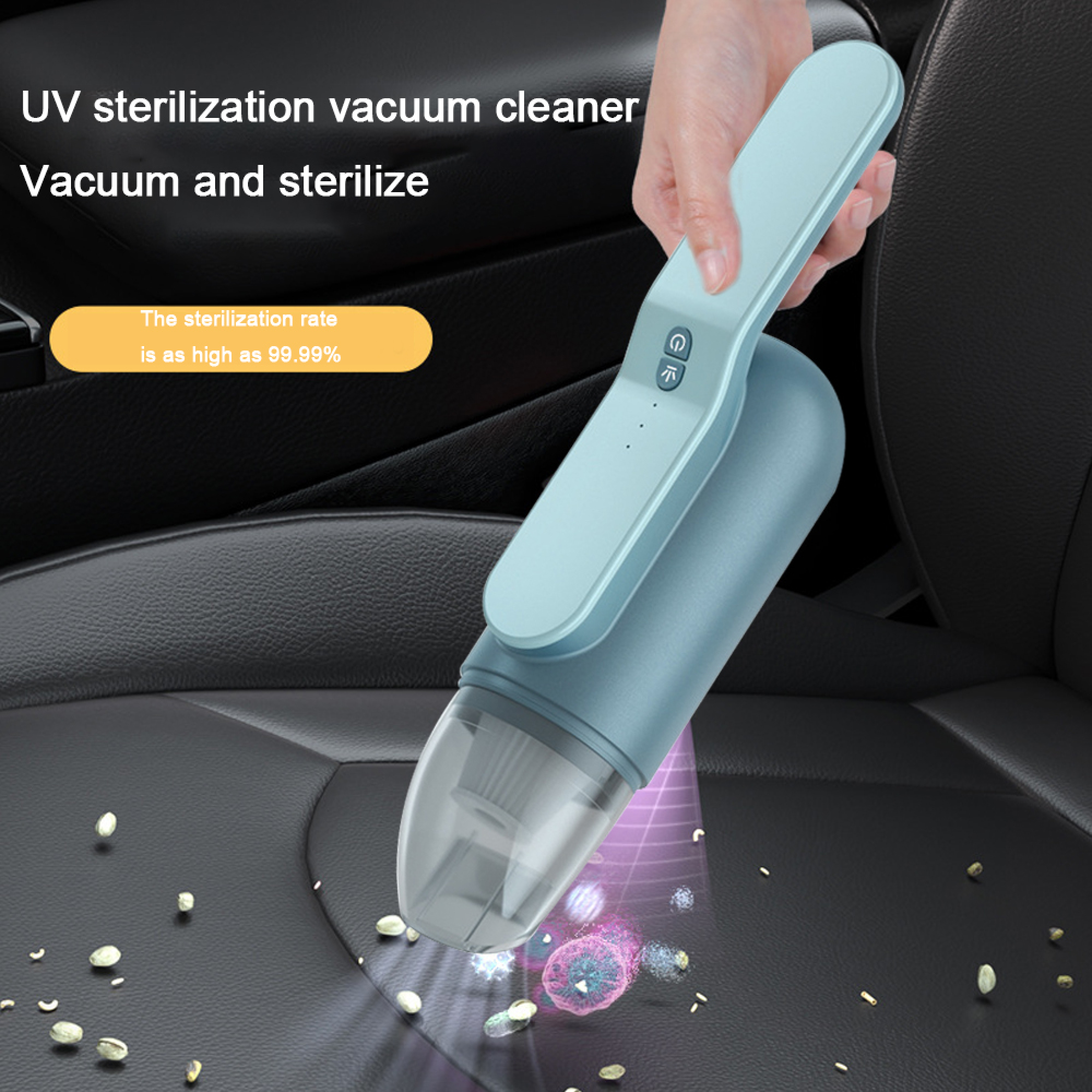 Ein Handstaubsauger mit UV-Sterilisation reinigt einen Autositz von Schmutz und Keimen.