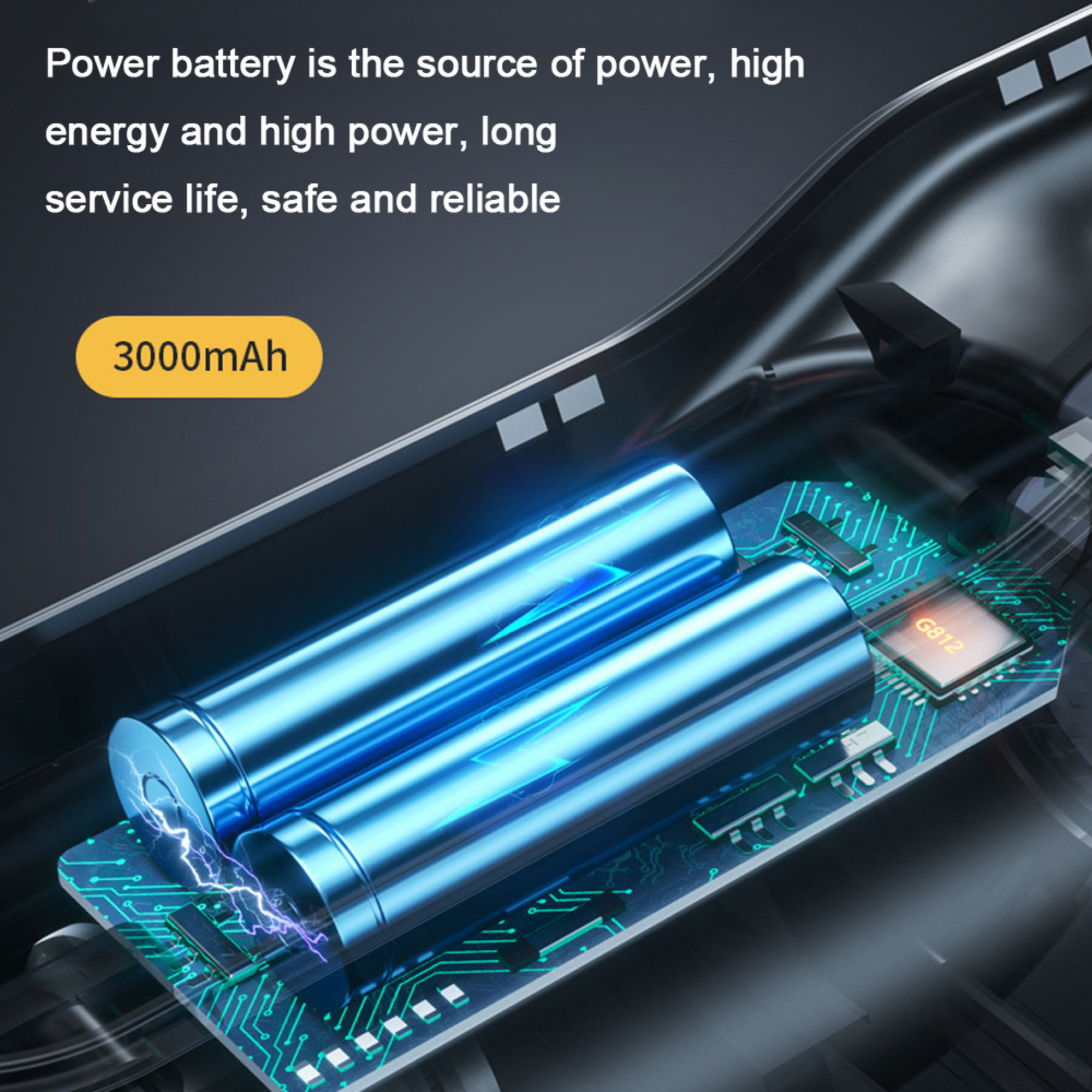 Zwei blaue Batterien auf einer Platine mit leuchtenden Schaltkreisen und dem Text 3000mAh.