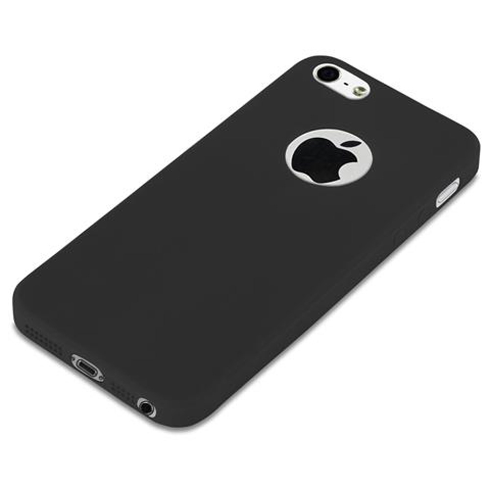 Funda de teléfono negra con logo de Apple, vista trasera e inferior.