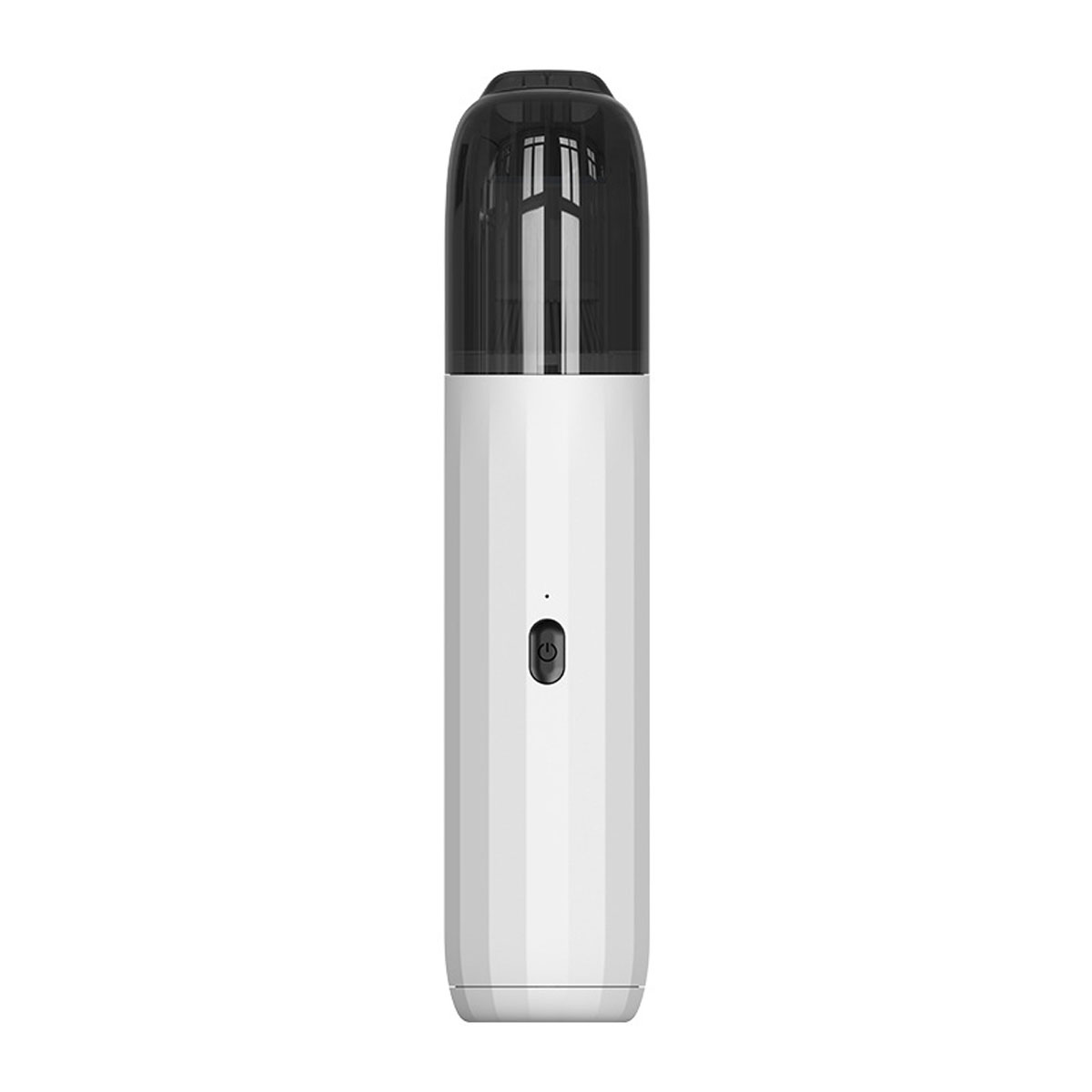 Ein weißer Vape-Stift mit schwarzem Kappe und Einschaltknopf.