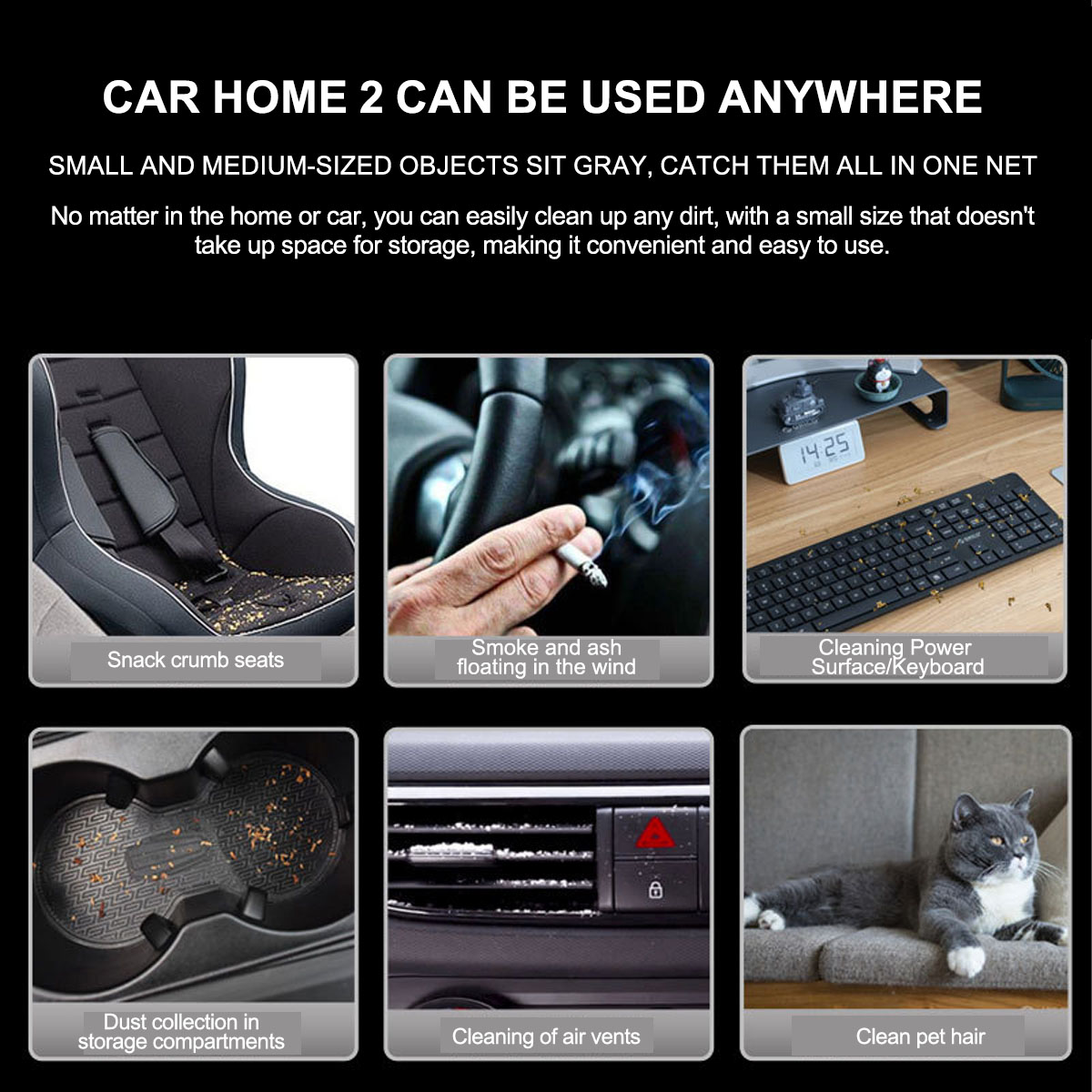 Ein Auto-Sitz mit Krümeln, eine Hand raucht Zigarette, Tastatur, Becherhalter, Lüftungsschlitze, Katze.