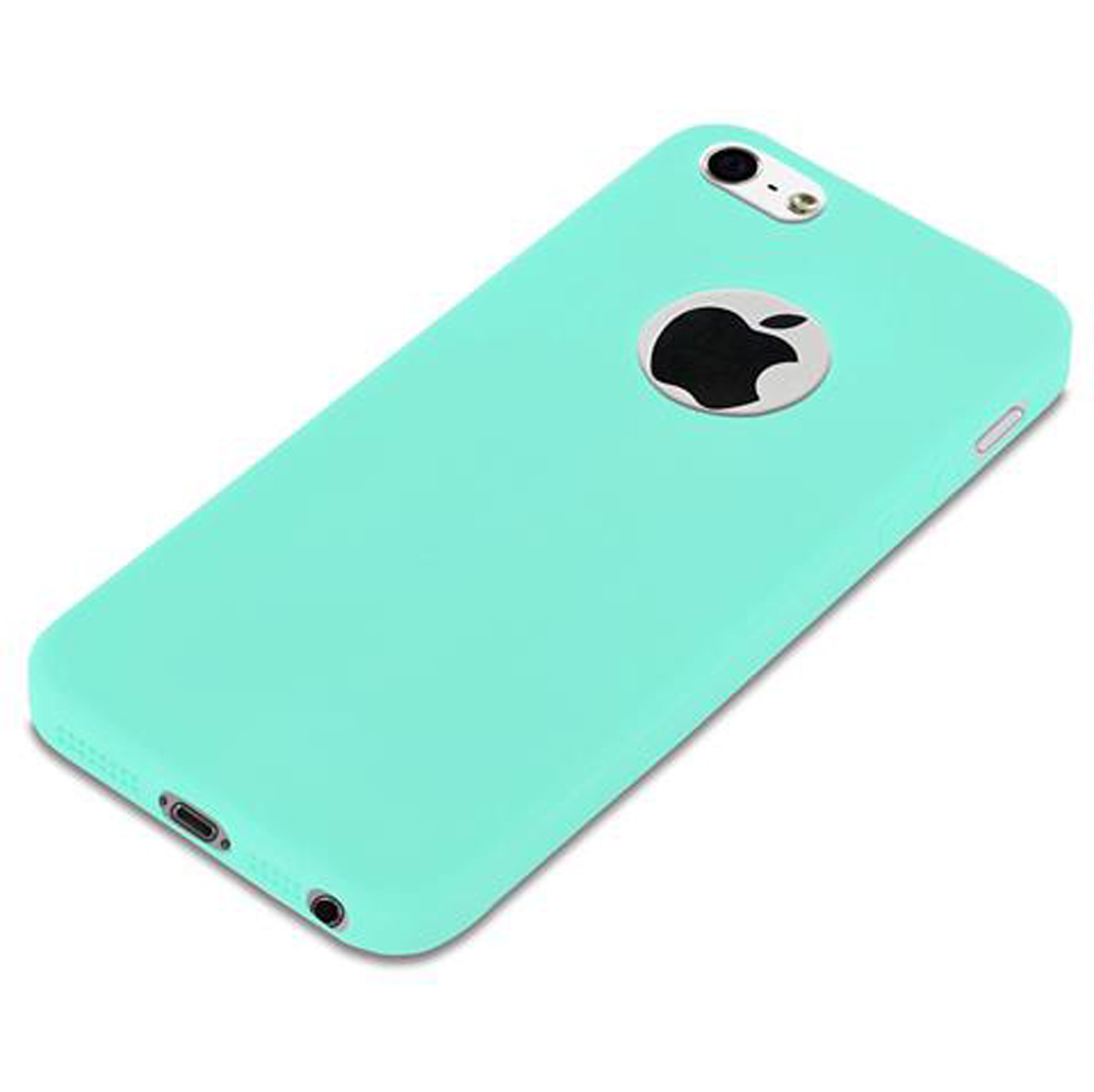 Una funda de teléfono turquesa con un logo de Apple en la parte trasera.