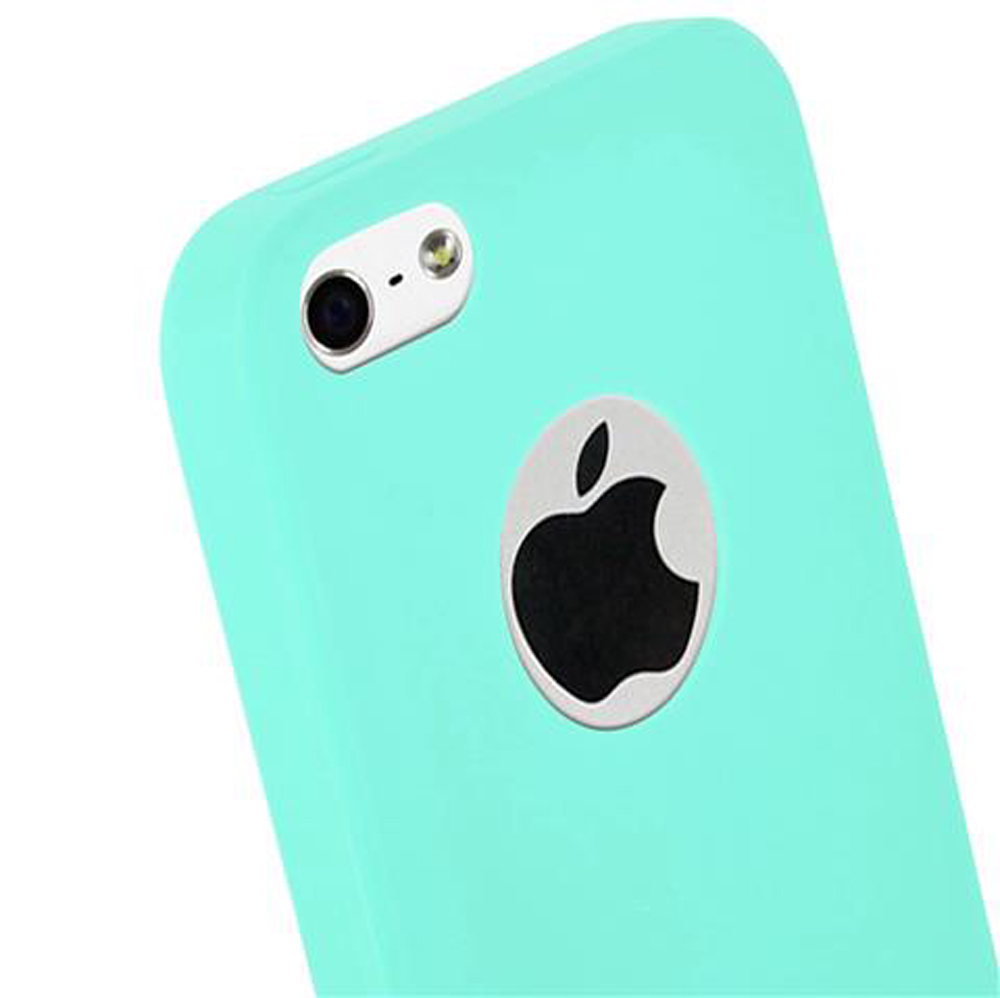 Funda turquesa para teléfono con cámara y logo de Apple.