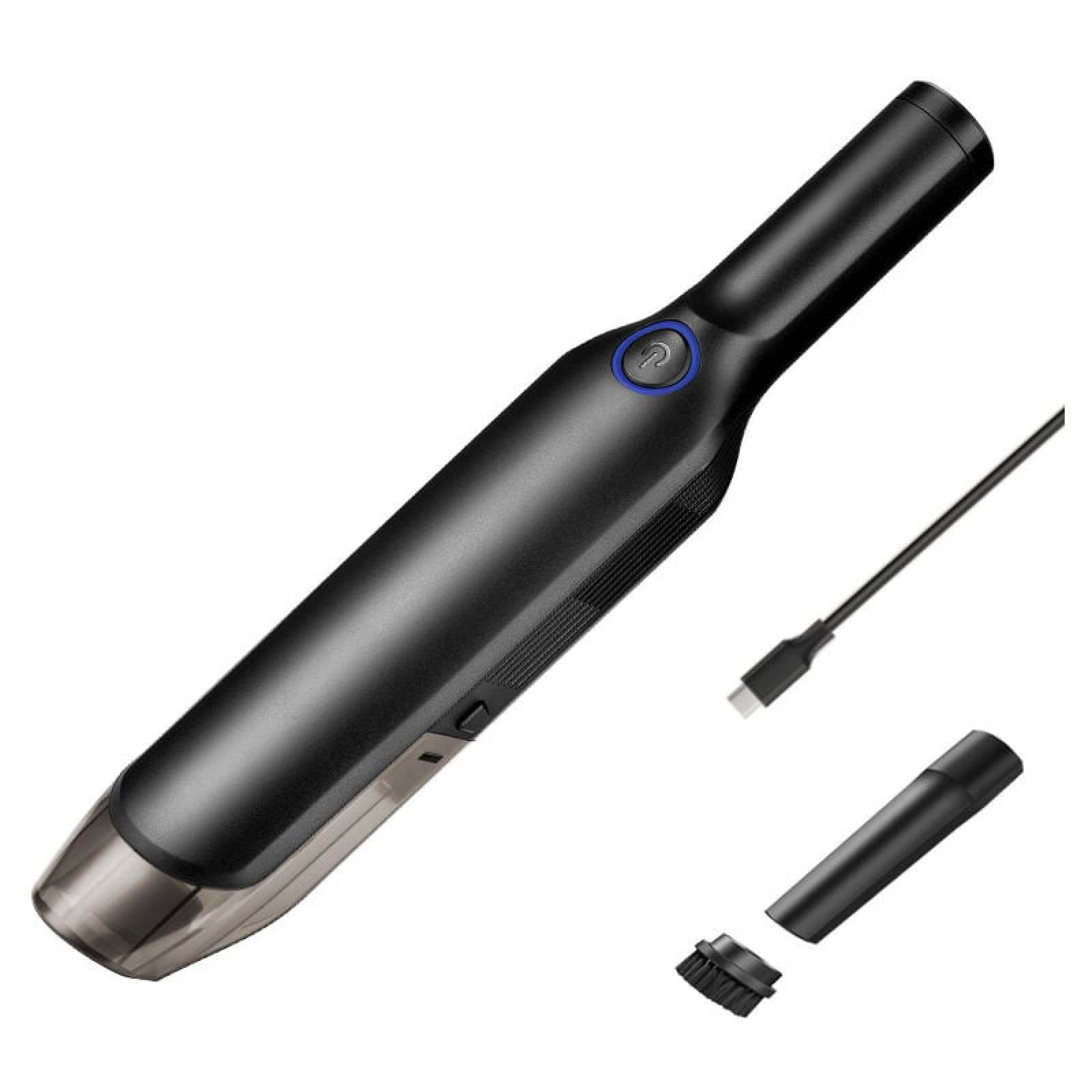 Schwarzer Handstaubsauger mit blauem Knopf, USB-Kabel und Bürstenaufsatz.