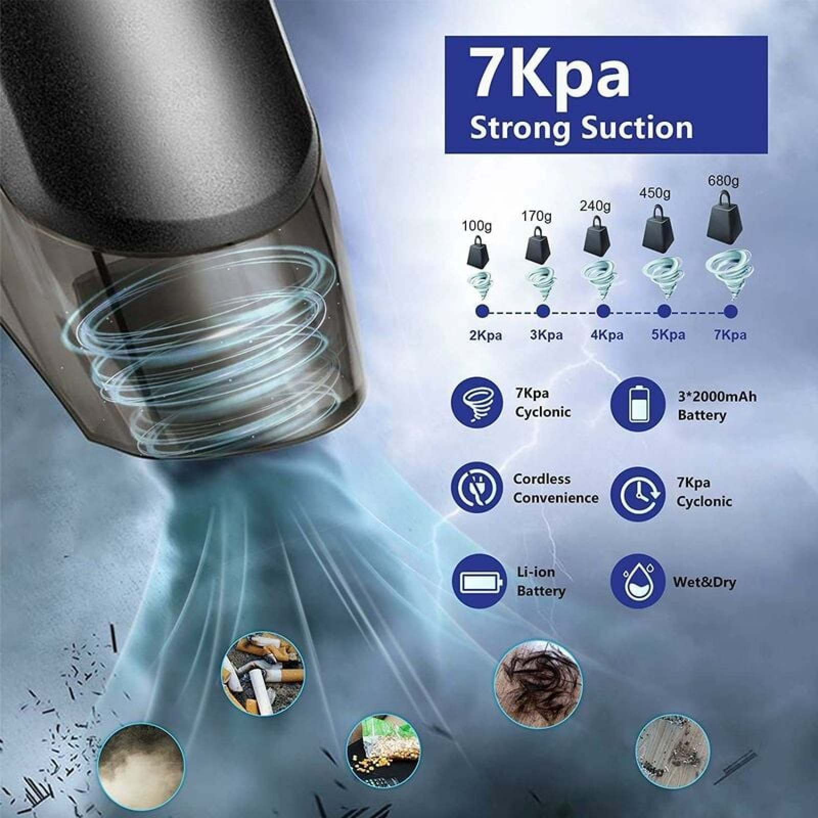 Ein Handstaubsauger mit starker Saugkraft von 7 kPa, Vakuum- und Reinigungsfunktionen.