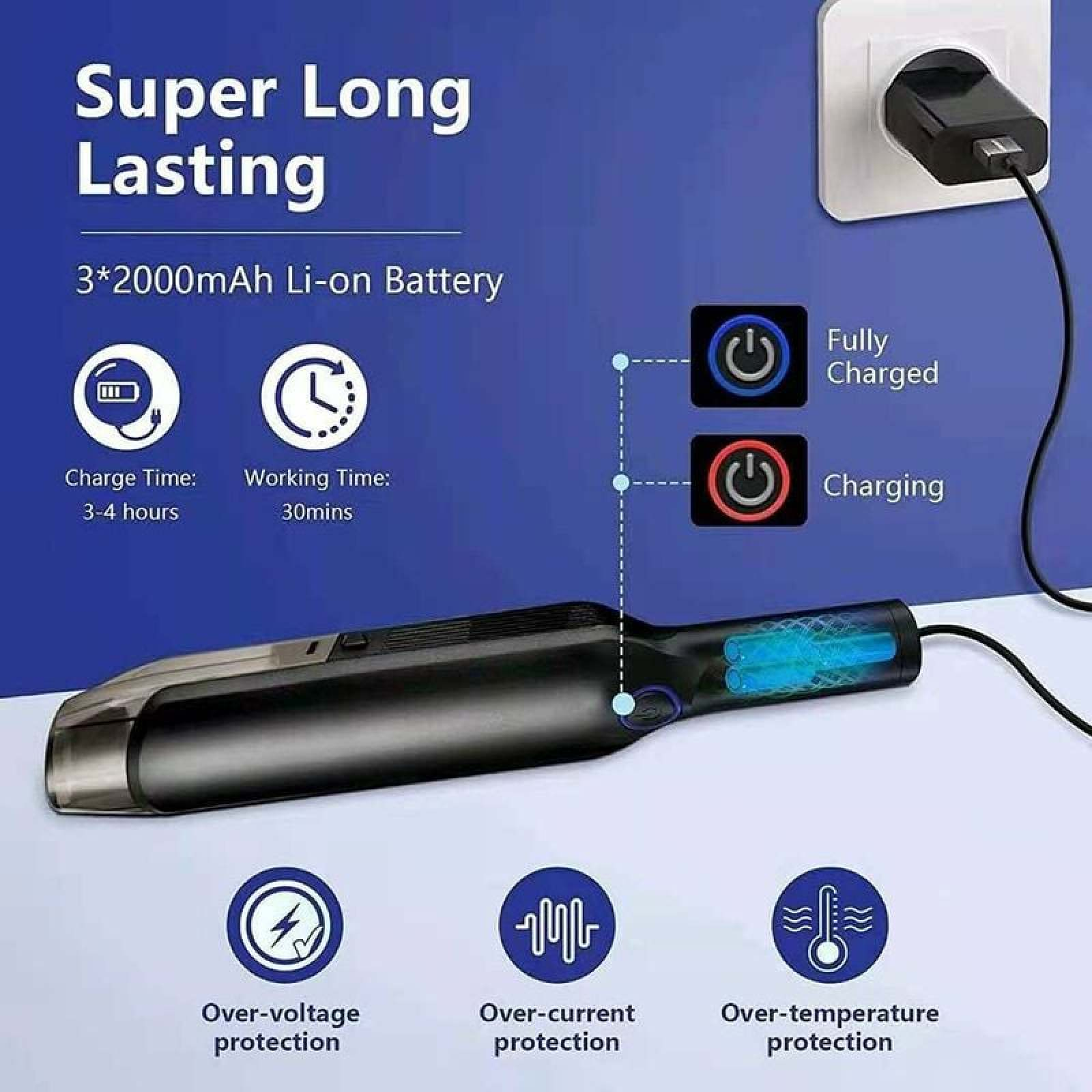 Ein schwarzer Handstaubsauger mit blauen Batterien wird geladen. Überladeschutz.
