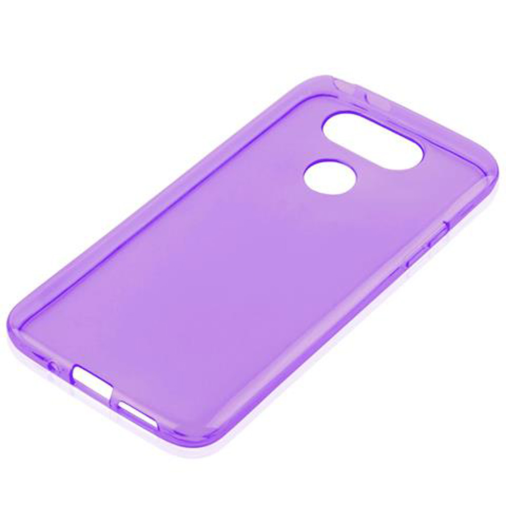 Una cover viola traslucida per telefono con ritagli per fotocamera e pulsanti.