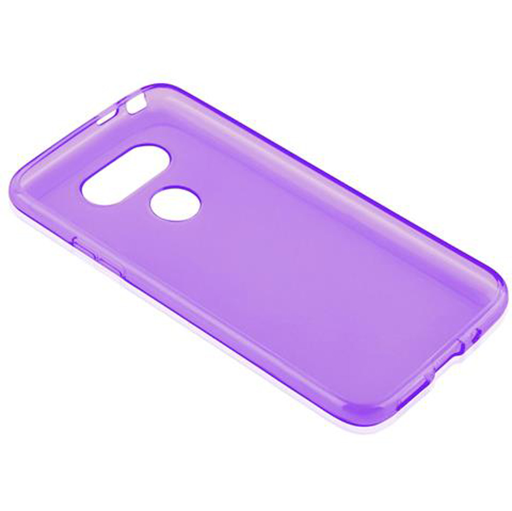 Una cover viola traslucida per telefono con ritagli per fotocamera e flash.