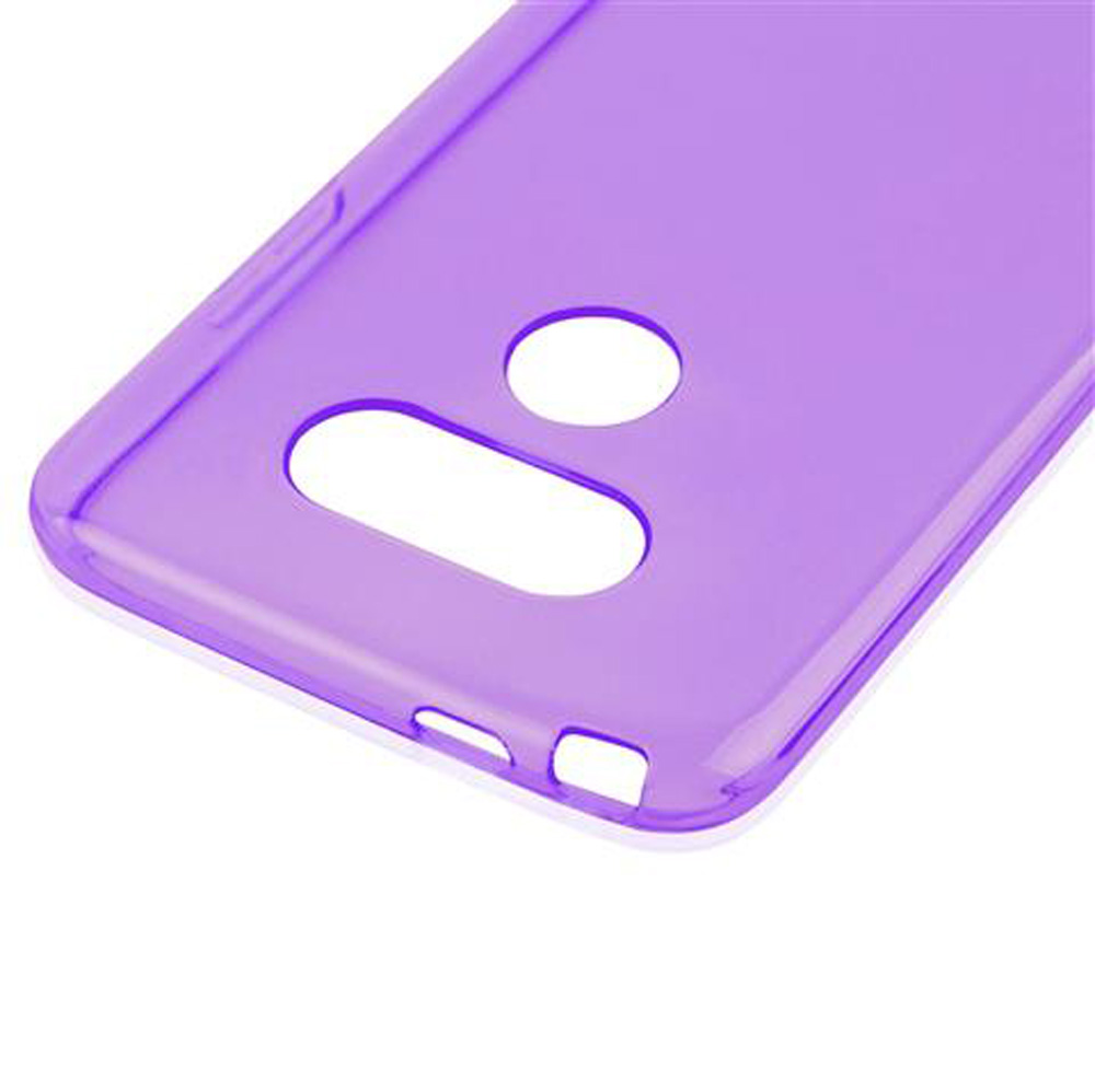 Cover viola traslucida per telefono con ritagli per fotocamera e pulsanti.