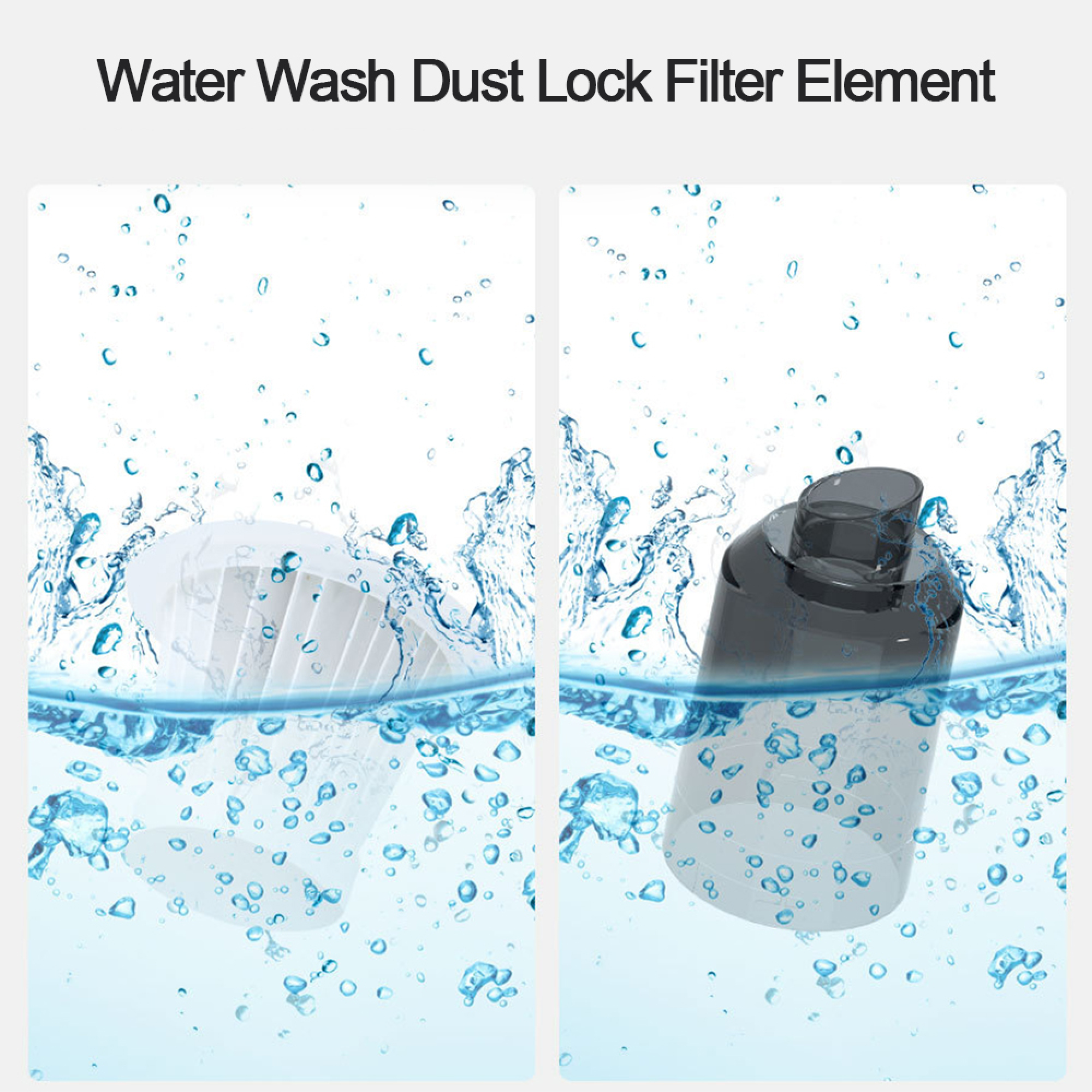 Ein weißer und ein schwarzer Filterelement in Wasser mit Blasen.