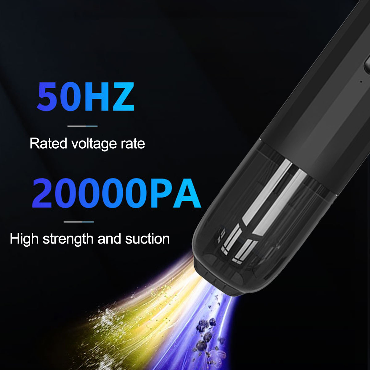 Schwarzer Staubsauger saugt Staub und Schmutz auf. Daten: 50Hz, 20000PA.