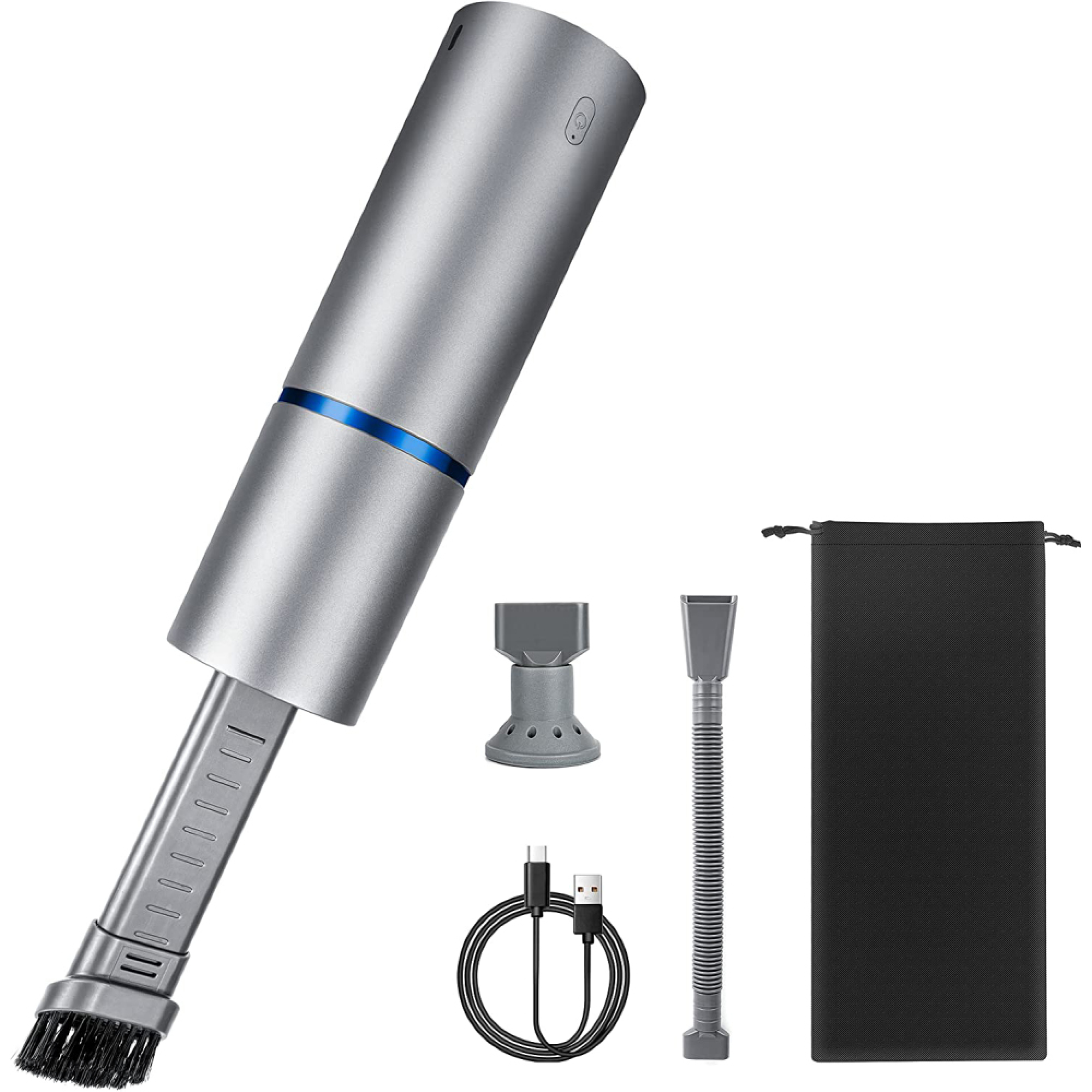 Silberner Handstaubsauger mit Bürste, USB-Kabel, Schlauch, Ständer und schwarzer Tasche.
