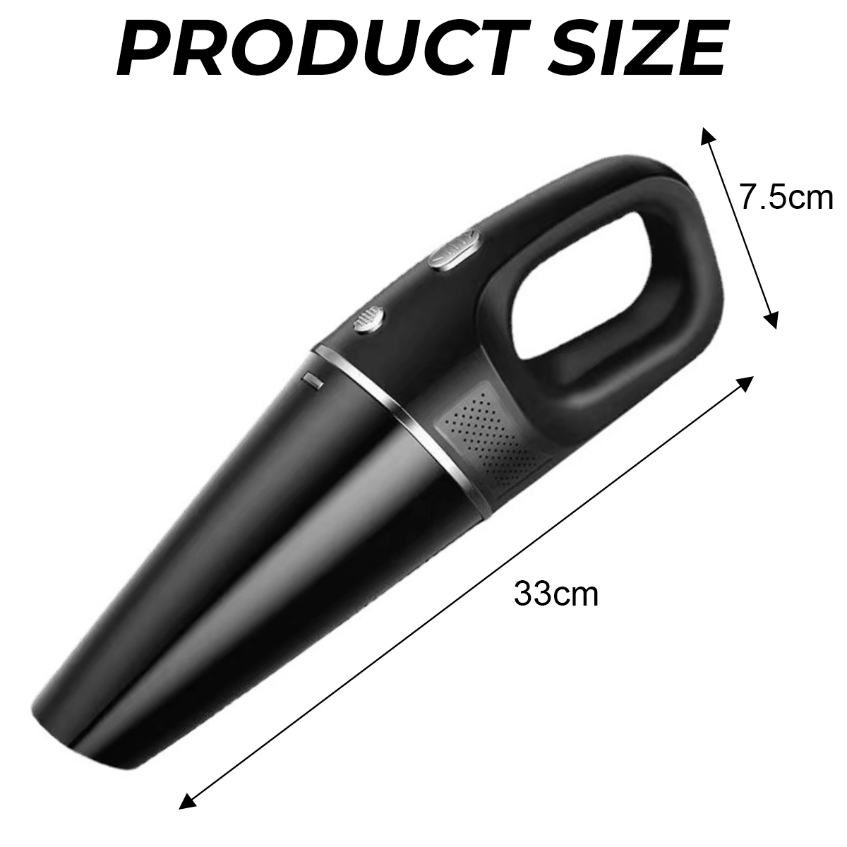 Schwarzer Handstaubsauger, 33cm lang, 7.5cm hoch. Produktgröße.