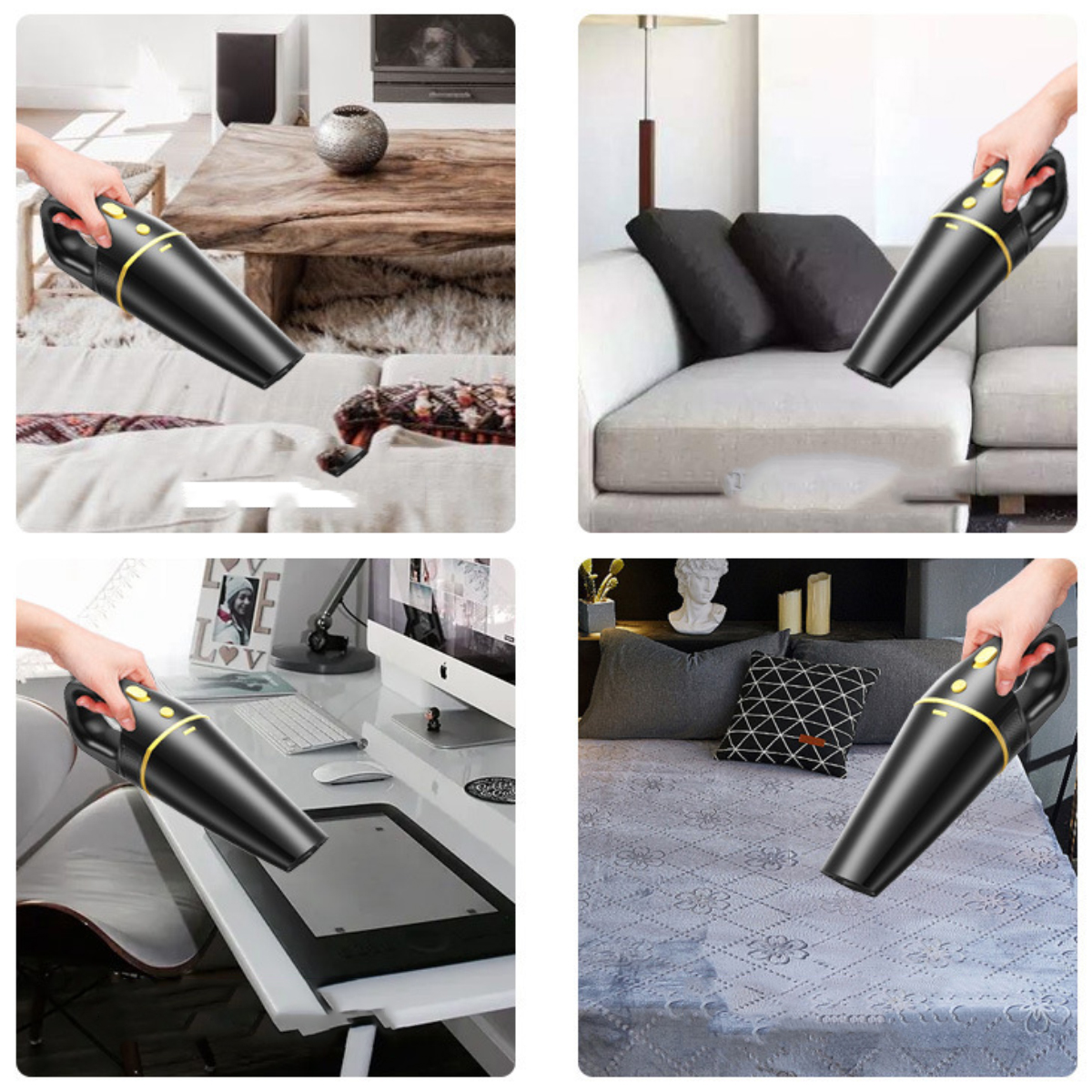 Ein schwarzer Handstaubsauger wird über einem Bett, Sofa, Schreibtisch und Teppich verwendet.