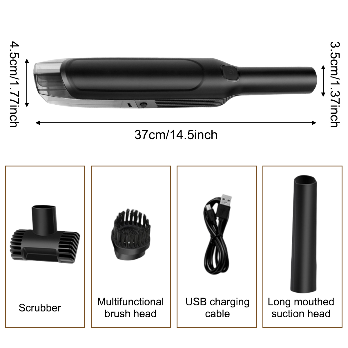 Schwarzer Handstaubsauger mit Zubehör: Bürste, Ladekabel, Saugrohr.