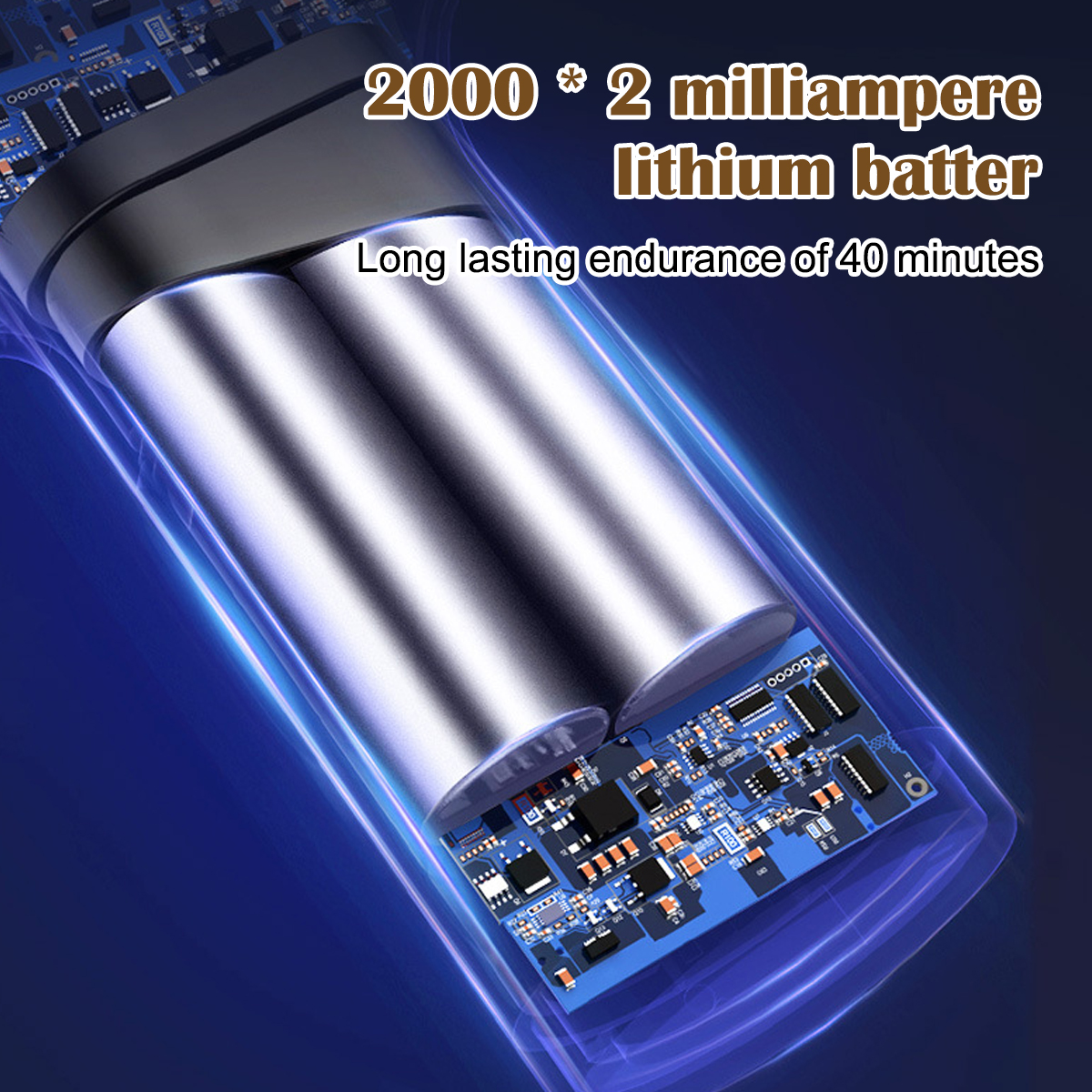 Zwei silberne Lithiumbatterien mit Leiterplatte, 2000mAh, 40 Min. Laufzeit.