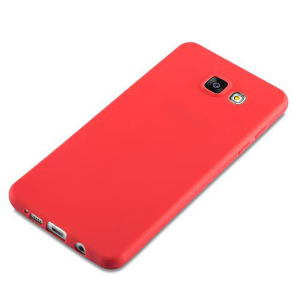 Custodia rossa per telefono con ritaglio fotocamera e porte inferiori.
